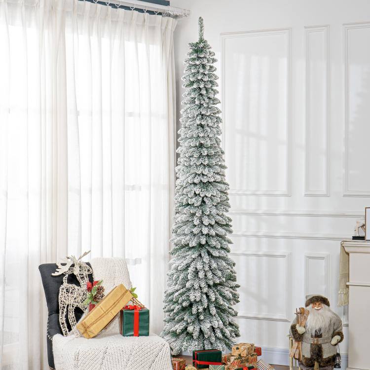 Alt View 1. PULUZ - 8 feet Tall Unlit Slim Pencil Xmas Tree, Snow Flocked Artificial Christmas Tree with Realistic Branches and 603 Tips - Green.