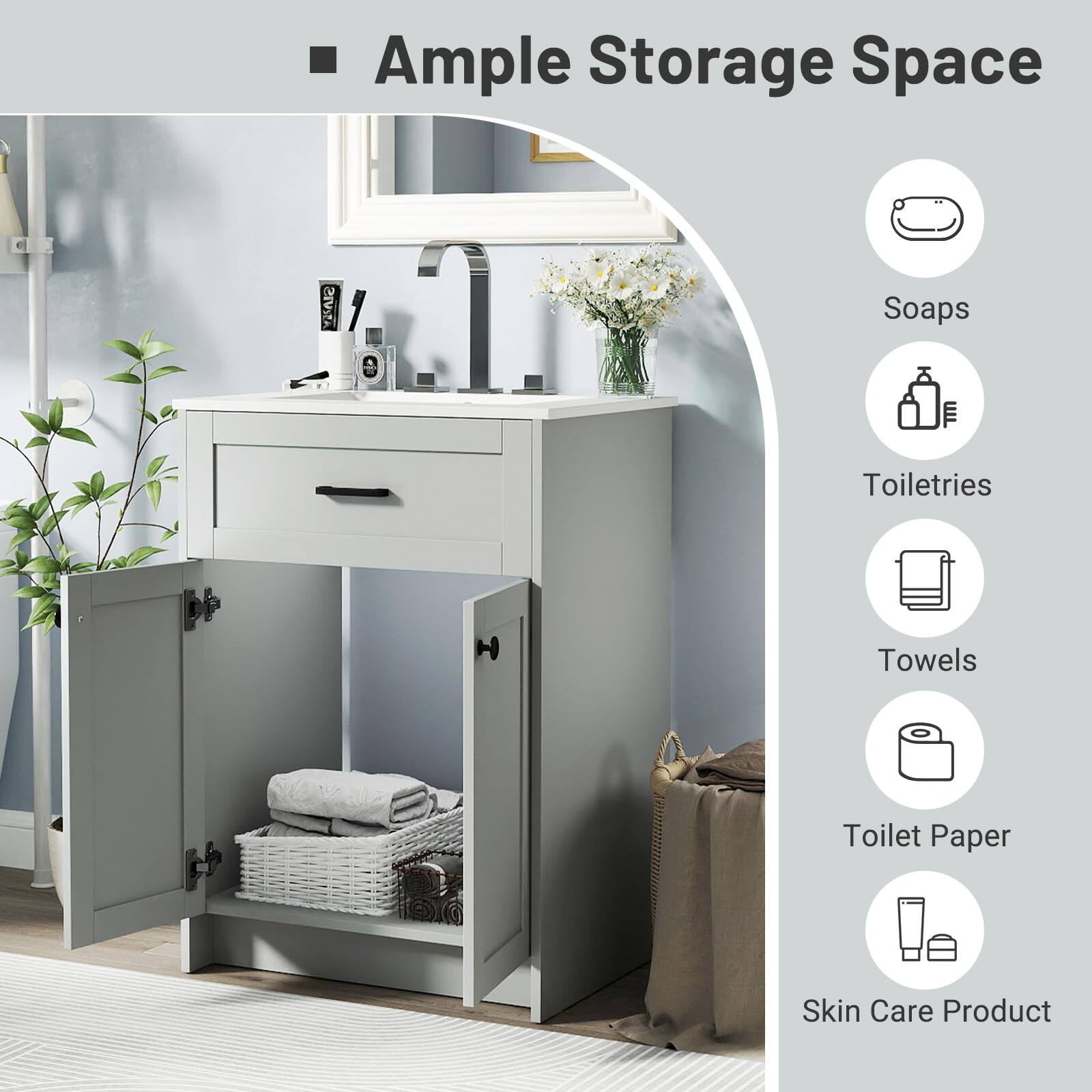 Ample Storage Space

Soaps
Toiletries
Towels
Toilet Paper
Skin Care Product