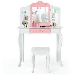 Pefilos - Kids Princess Vanity Table and Stool Set with Tri-folding Mirror and Drawer- Girls Vanity for Girls Kids - White