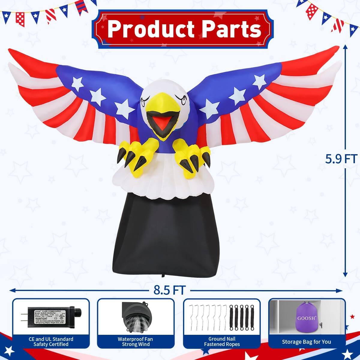 Product Parts  
5.9 FT  
8.5 FT  
RANTICN  
F.M  
GOOSH  
CE and UL Standard Safety Certified  
Waterproof Fan  
Strong Wind  
Ground Nail Fastened Ropes  
Storage Bag for You