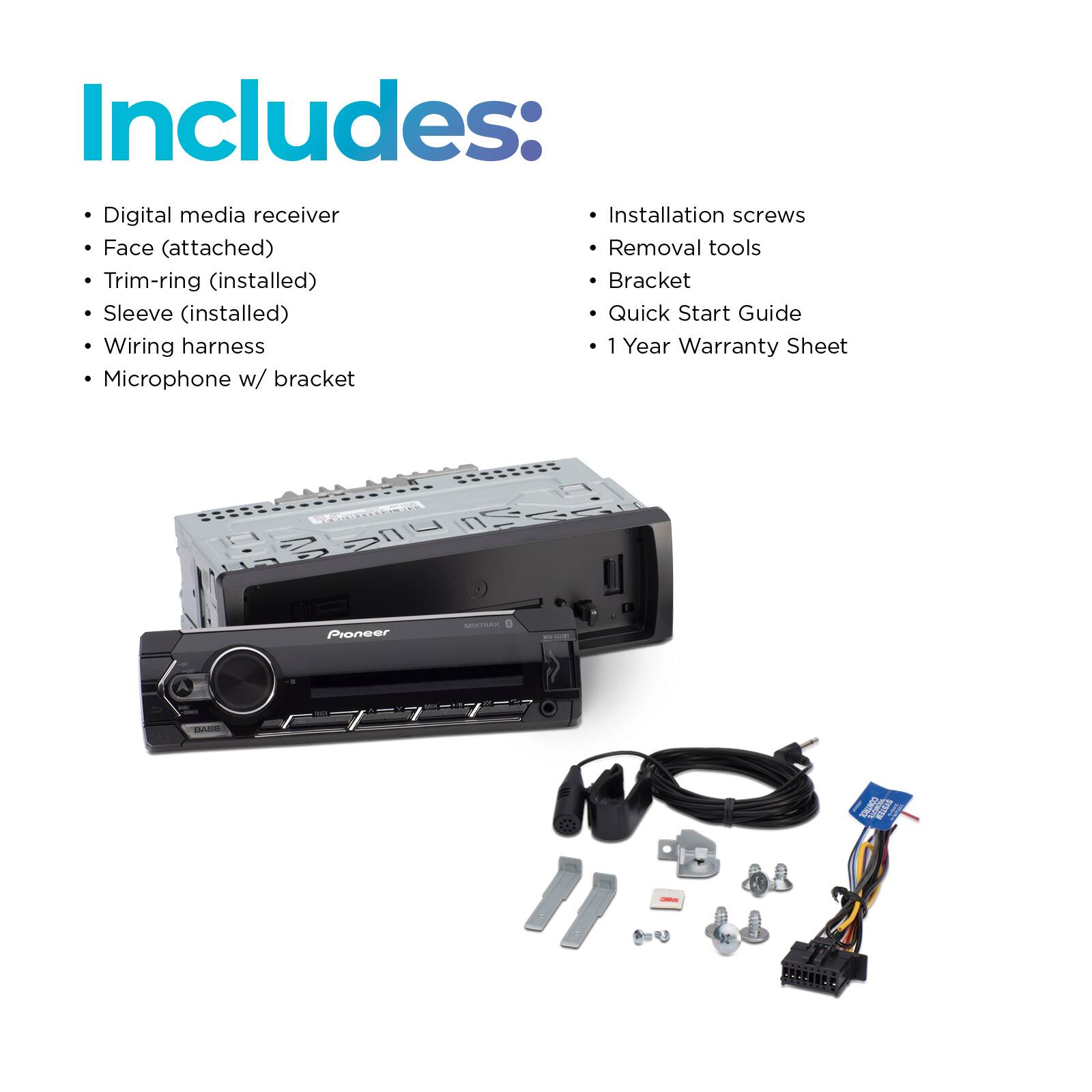Includes: Digital media receiver, Installation screws, Face (attached), Removal tools, Trim-ring (installed), Bracket Sleeve (installed), Quick Start Guide, Wiring harness, 1 Year Warranty Sheet, Microphone w/ bracket.