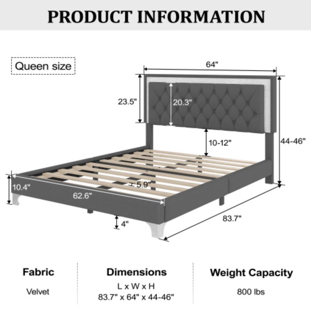 PRODUCT INFORMATION

Queen size

Fabric: Velvet

Dimensions: L x W x H 83.7" x 64" x 44-46"

Weight Capacity: 800 lbs