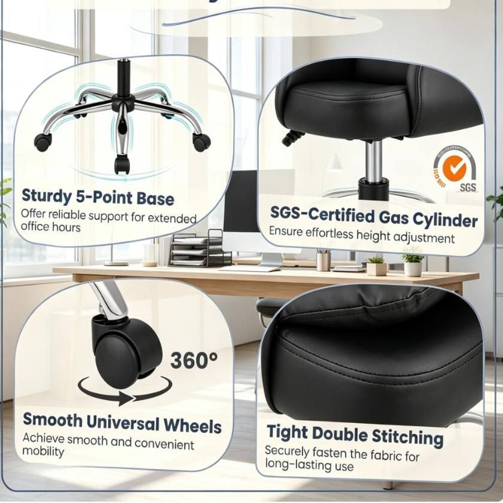 Sturdy 5-Point Base  
Offer reliable support for extended office hours  

SGS-Certified Gas Cylinder  
Ensure effortless height adjustment  

360° Smooth Universal Wheels  
Achieve smooth and convenient mobility  

Tight Double Stitching  
Securely fasten the fabric for long-lasting use