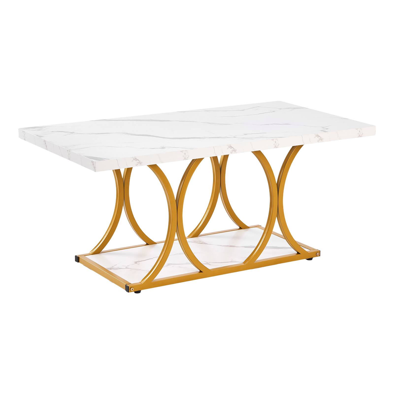 Alt View 5. VEVOR - Coffee Table, Modern Faux Marble Coffee Table, 2-Tier Rectangle Center Desk with Geometric Legs, White - White + Gold.