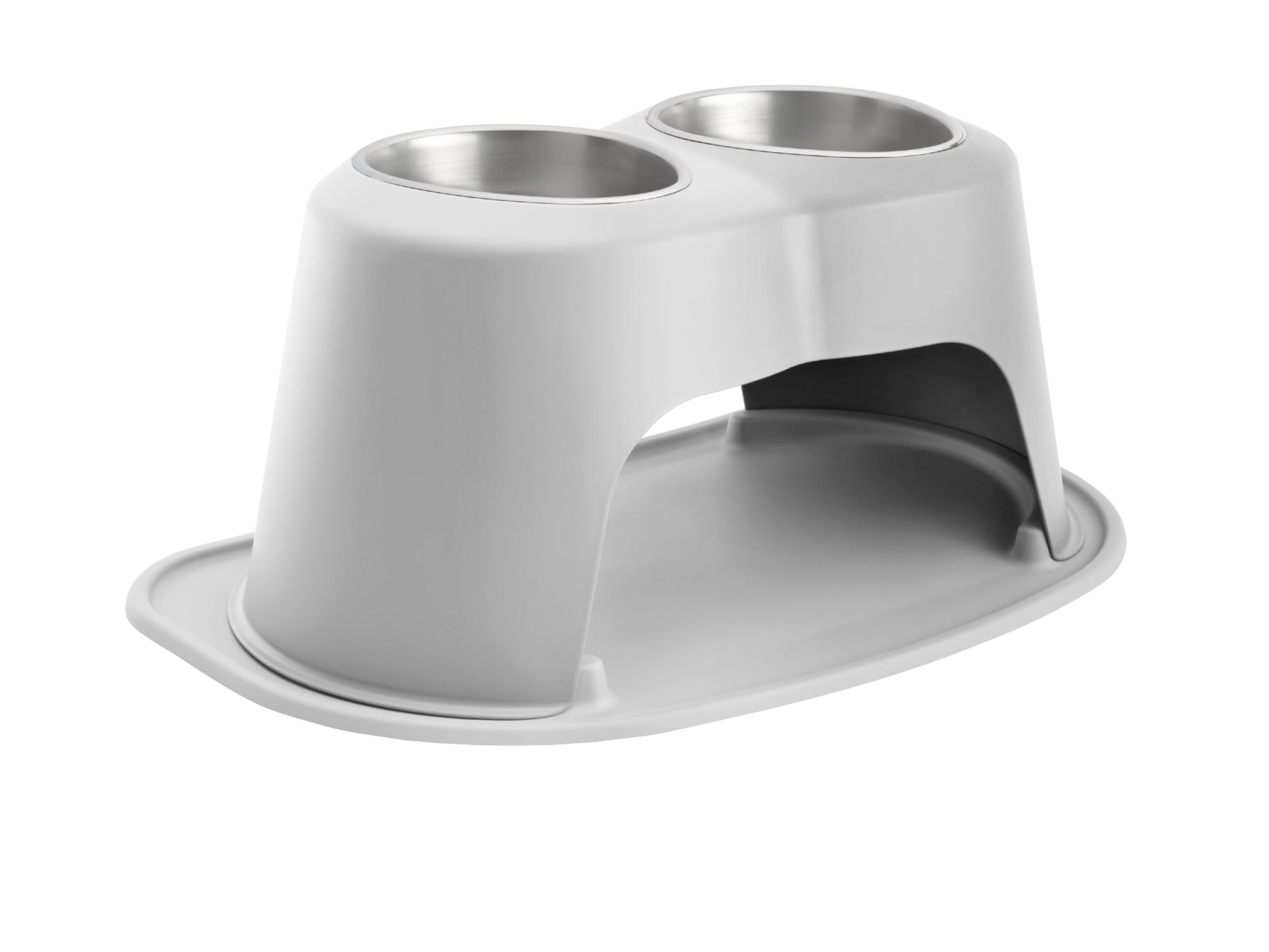 Front. WeatherTech - Double High Pet Feeding System | Elevated Pet Bowls - 12 " High Light Grey - 64oz (8 Cup) Stainless Steel Bowls - Light Grey.