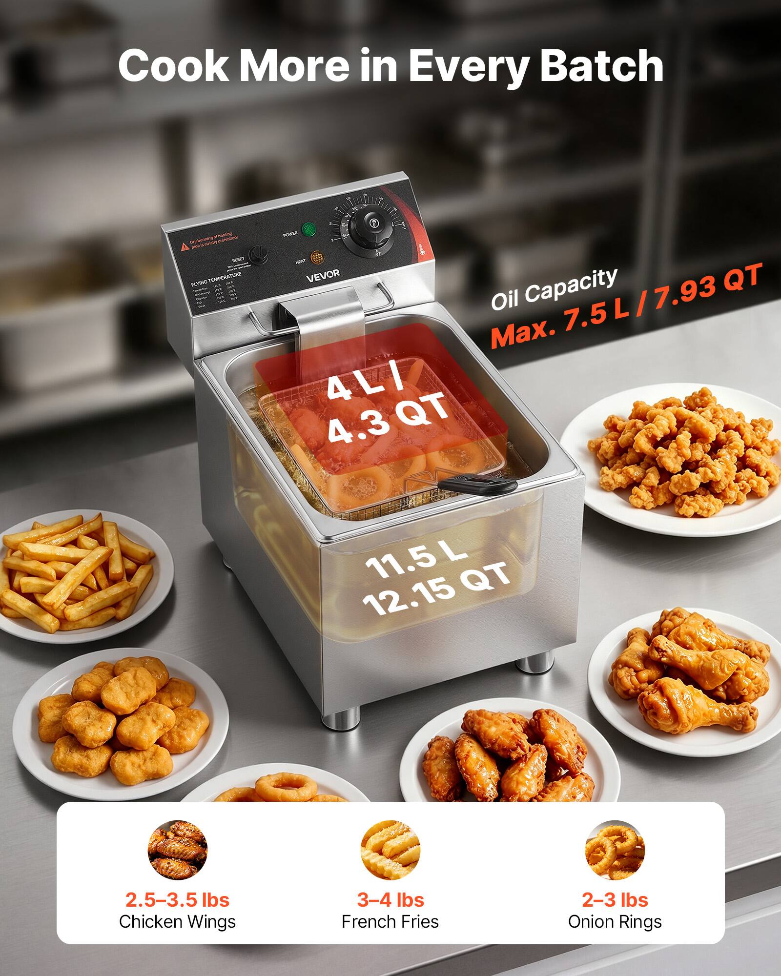 Cook More in Every Batch

d'inning A joy FOR and PCTINO TEMPERATUR

POWER MEXT VEVOR QT Oil Capacity 7.5L/7.93 7.93 Max. 4L/ QT 4.3

11.5 L 12.15 QT

2.5-3.5 lbs Chicken Wings

3-4 lbs French Fries

2-3 lbs Onion Rings