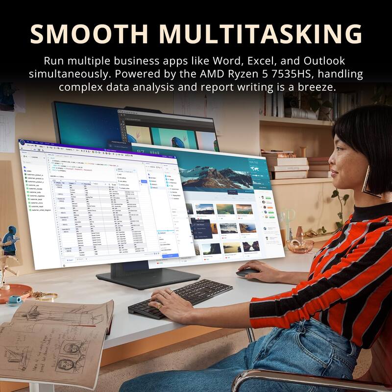SMOOTH MULTITASKING  
Run multiple business apps like Word, Excel, and Outlook simultaneously. Powered by the AMD Ryzen 5 7535HS, handling complex data analysis and report writing is a breeze.