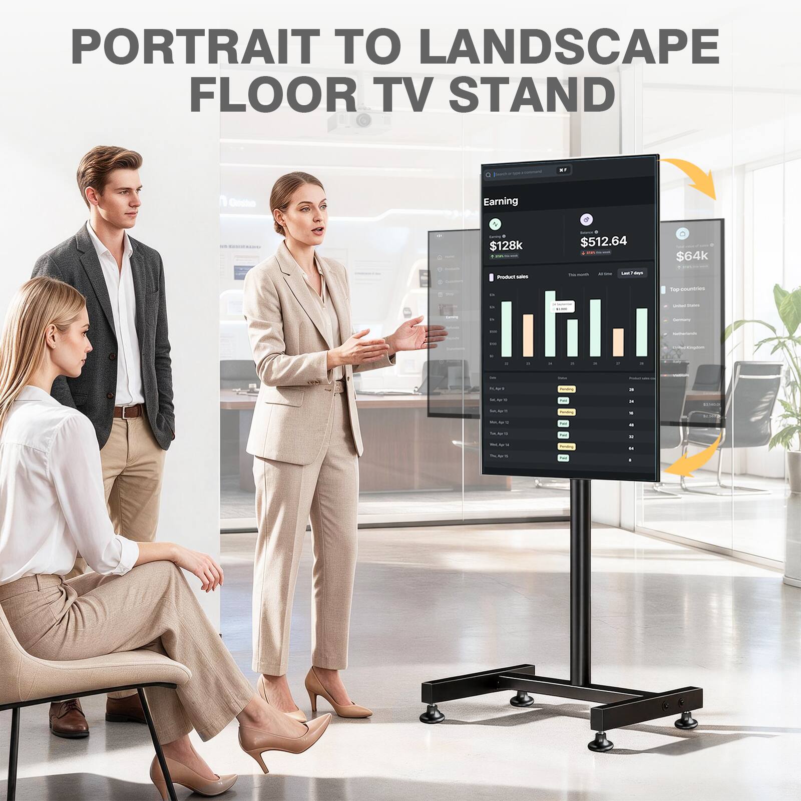 PORTRAIT TO LANDSCAPE FLOOR TV STAND

Earning
Lamest milina
& red 0 $128k 1
8 Saword $512.64
$64k
Product sales
The Out
AS
LAD days
D
Top countries
y
MAN
A
Celled State
tames
CHIPONY
Repterlands
 Kinglam

8
6
A
Y
8
my
-
Findad

hoing
.
SICAD SILANT UNI 2
Fat Persing 
= -
11,400 
for.4p 12 Wel.Alga 14 AND
tel Pending Fed