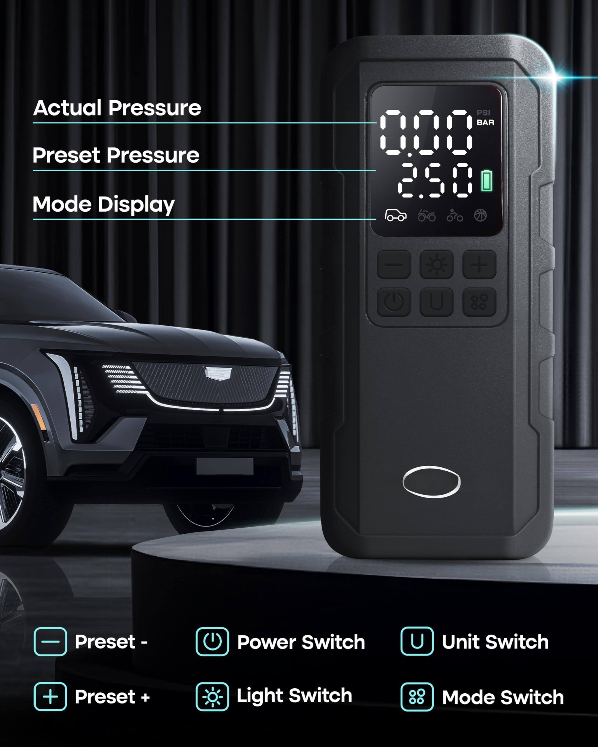Actual Pressure  
Preset Pressure  
Mode Display  

0.00  
2.50  

Preset -  
Power Switch  
Preset +  
Light Switch  
Unit Switch  
Mode Switch