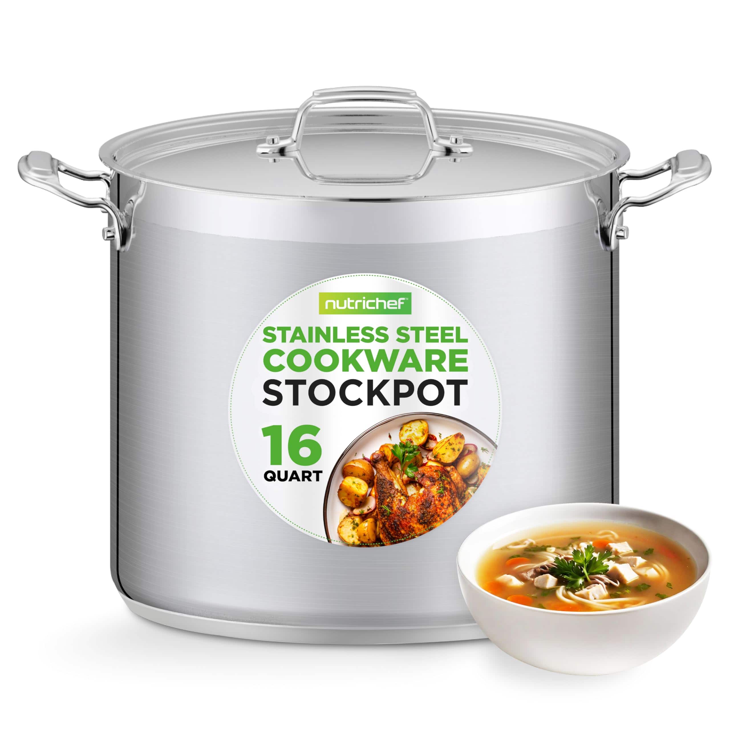NutriChef - 16-Quart Stainless Steel Stockpot - 18/8 Food Grade Heavy Duty Large Stock Pot for Stew, Simmering - Silver