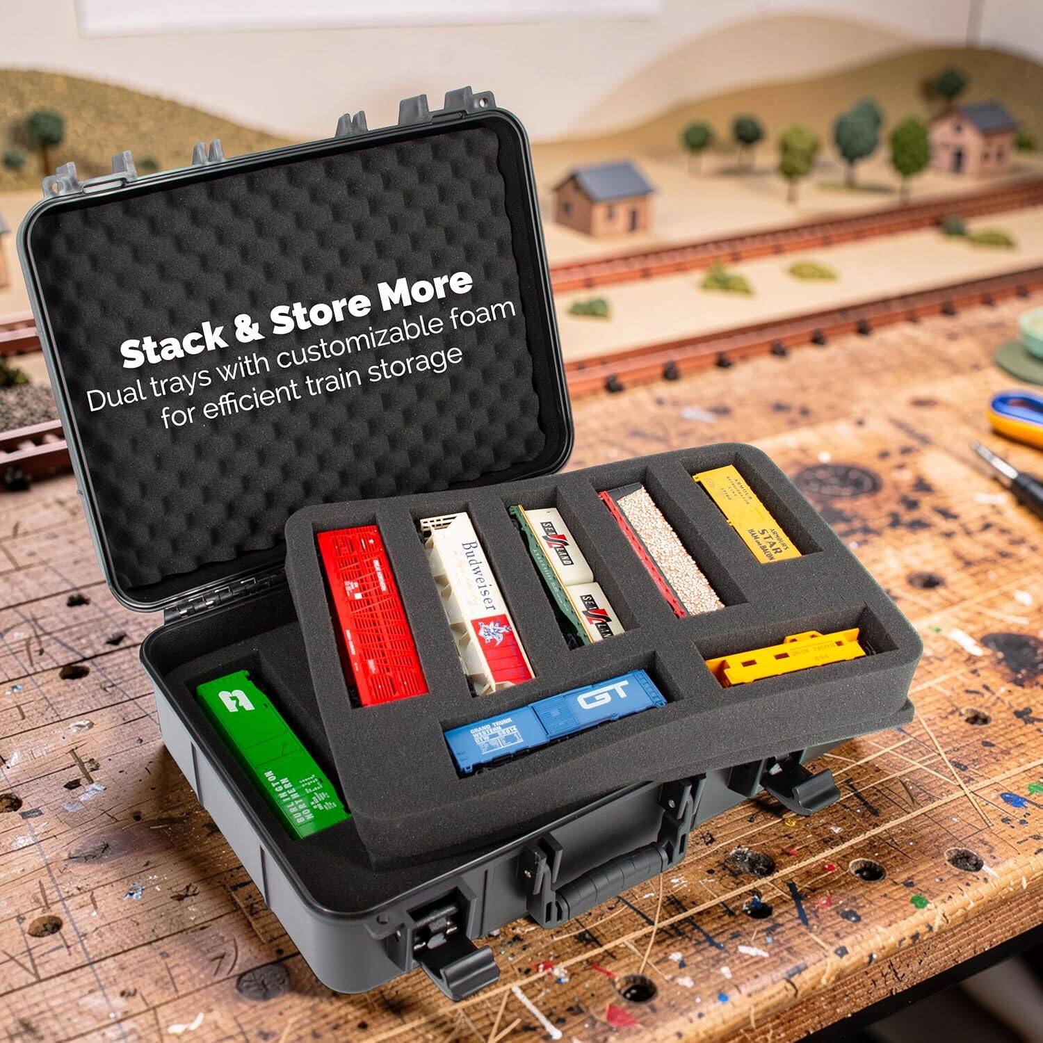 Stack & Store More  
Dual trays with customizable foam for efficient train storage
