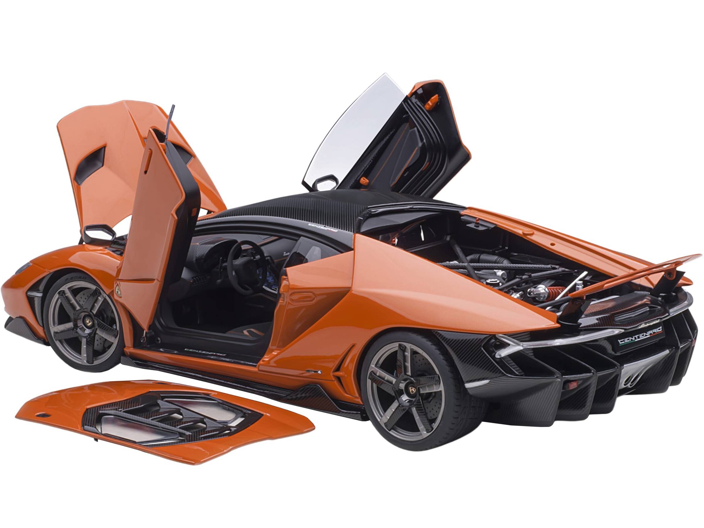 Angle. Autoart - Lamborghini Centenario Arancio Argos / Pearl Orange with Carbon Top 1/18 Model Car by Autoart - Argos / Pearl Orange With Carbon.