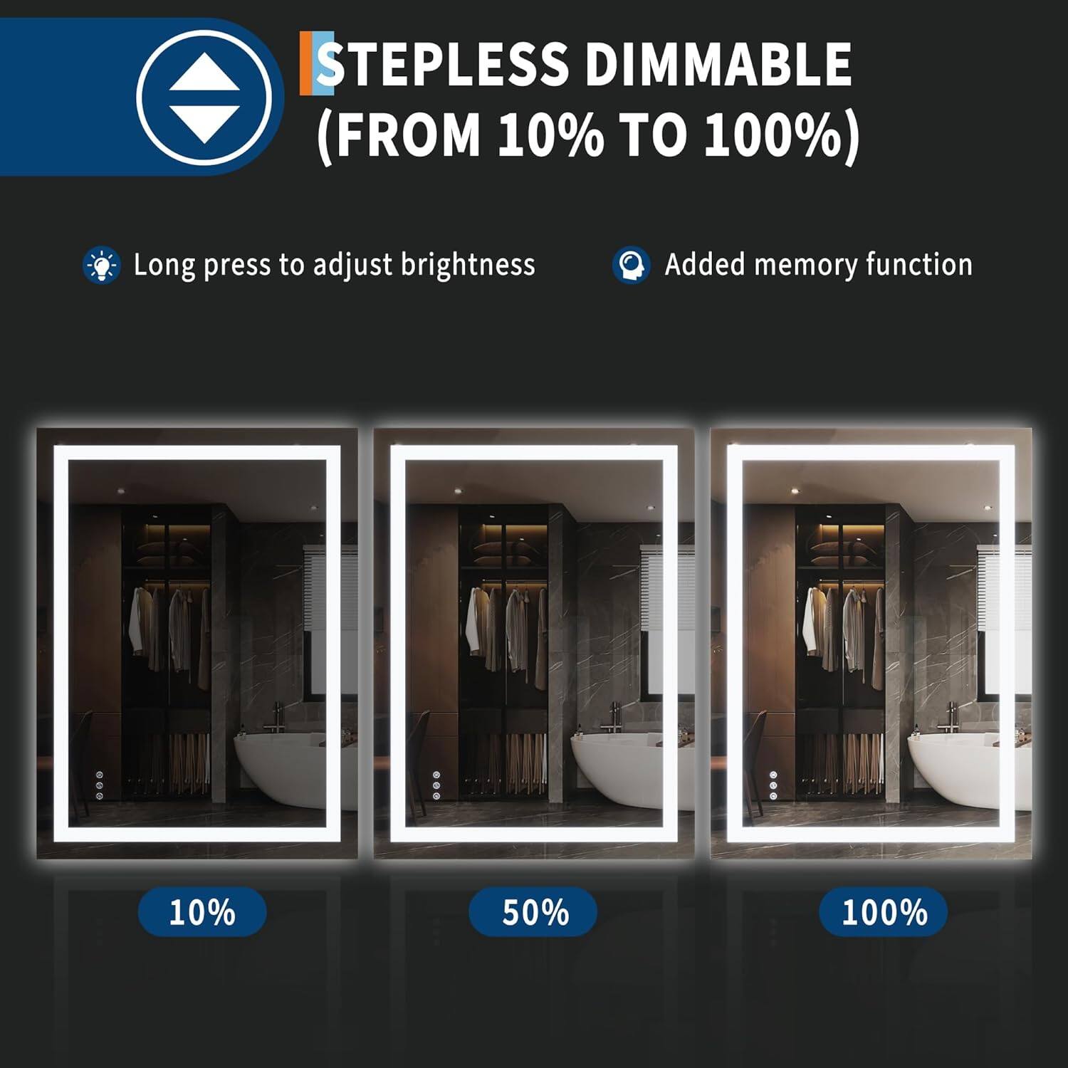 Stepless Dimmable (From 10% to 100%)  
Long press to adjust brightness  
Added memory function: 10%, 50%, 100%