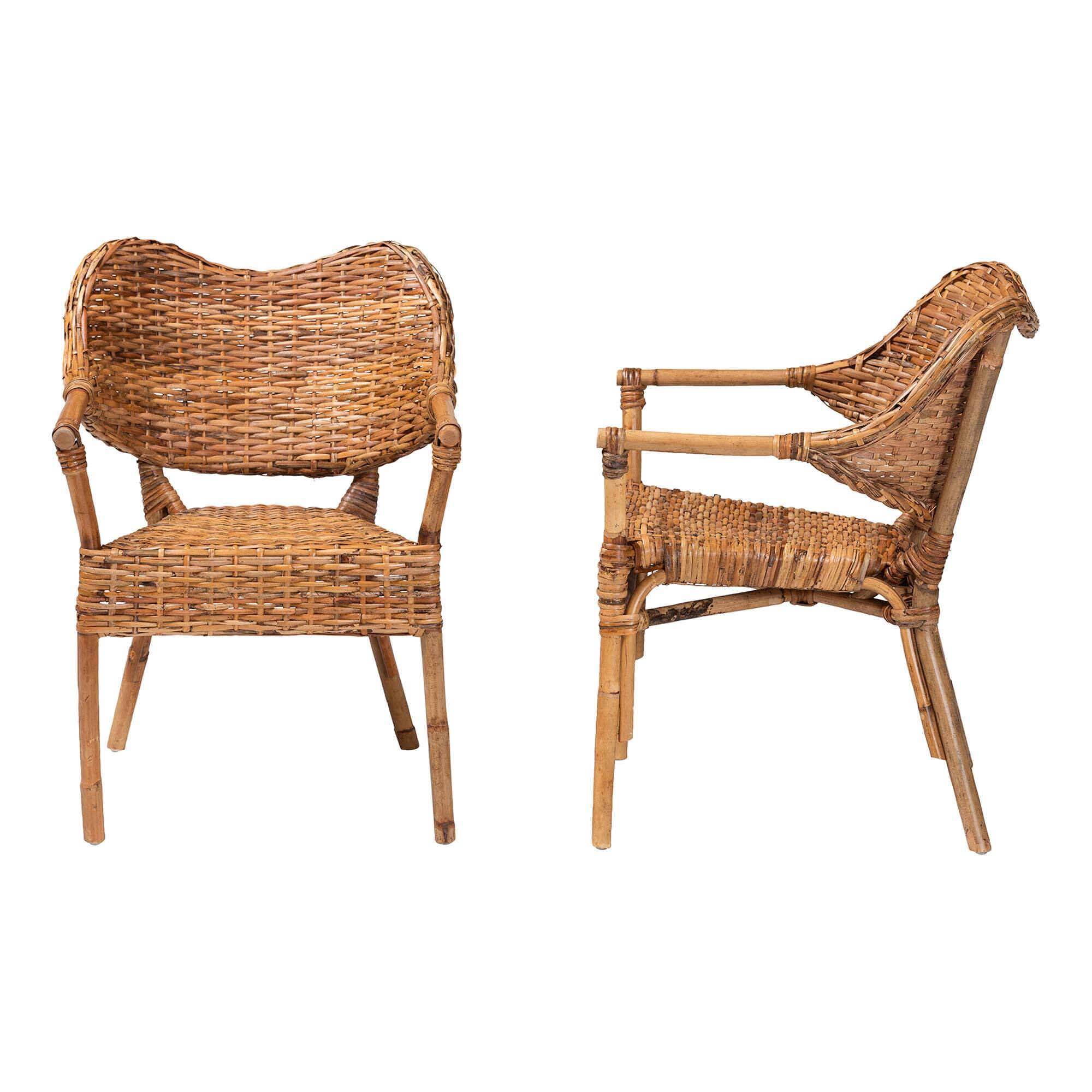 Left. bali & pari - bali & pari Tara 2-Piece Natural Rattan Dining Chair - Handwoven Wicker Armchair with Curved Backrest - Natural Brown.