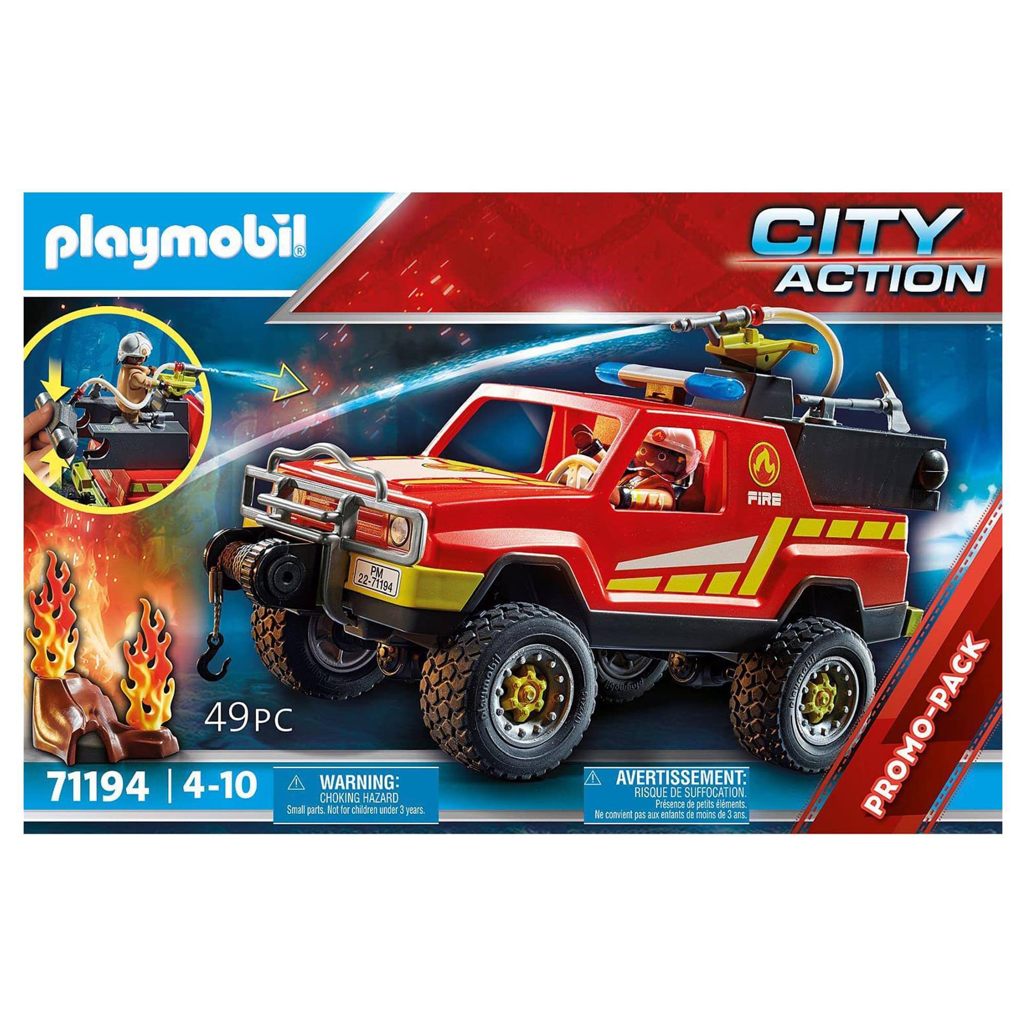 playmobil CITY ACTION FIRE PM 22.71194 49PC 71194 | 4-10  
WARNING: CHOKING HAZARD - Small parts. Not for children under 3 years.  
AVERTISSEMENT: RISQUE DE SUFFOCATION - Petite pièce. Ne convient pas aux enfants de moins de 3 ans.  
PROMO-PACK
