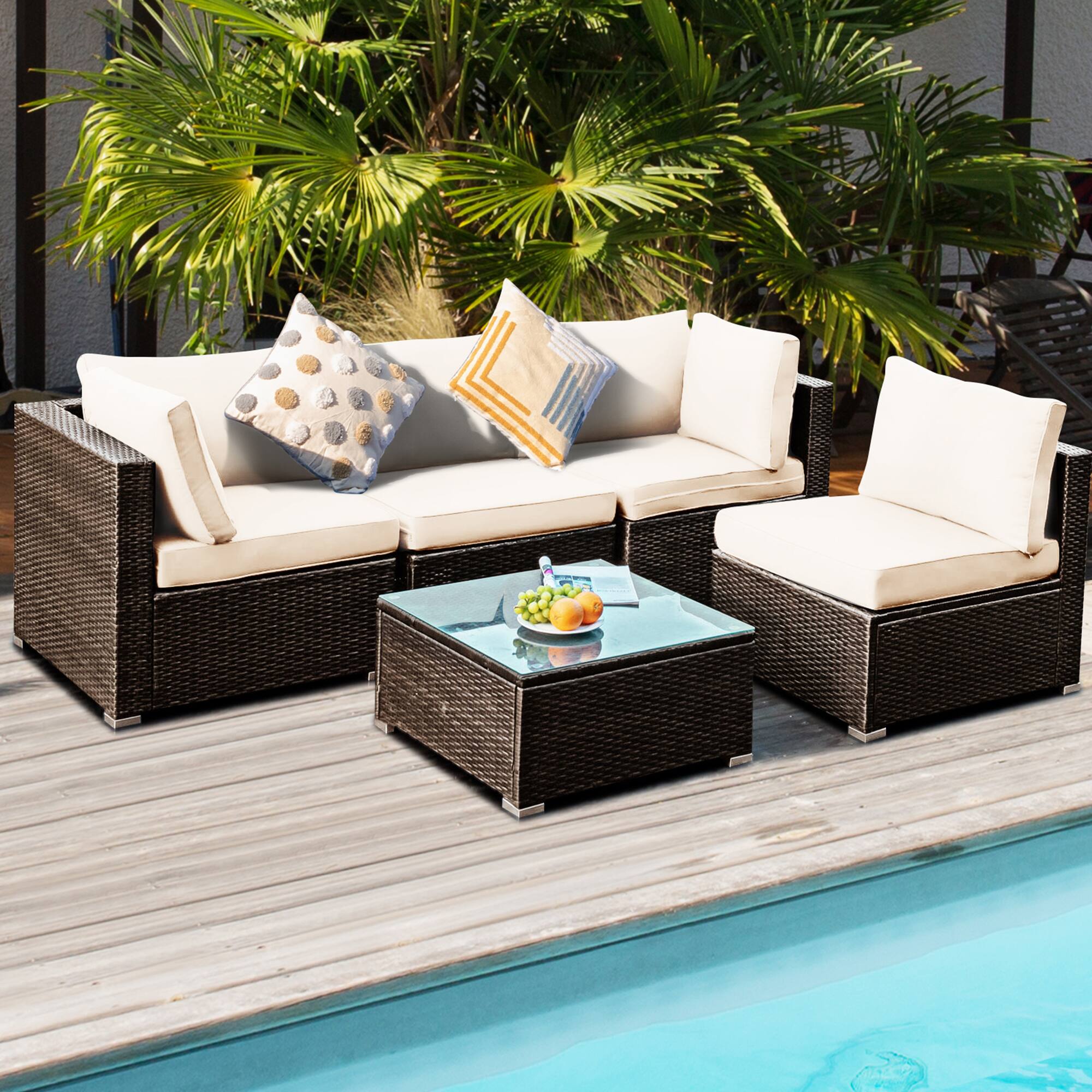 Alt View 3. Gymax - Gymax 5PCS Rattan Patio Conversation Set Sofa Furniture Set w/ White Cushions - Mix brown.