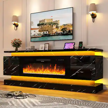 Front. Espafurni - 71" TV Stand w/40" Fireplace & Outlet, High Gloss, 2 Cabinets & Dual LED Lights – Fits 75-85" TV - Black Marble.