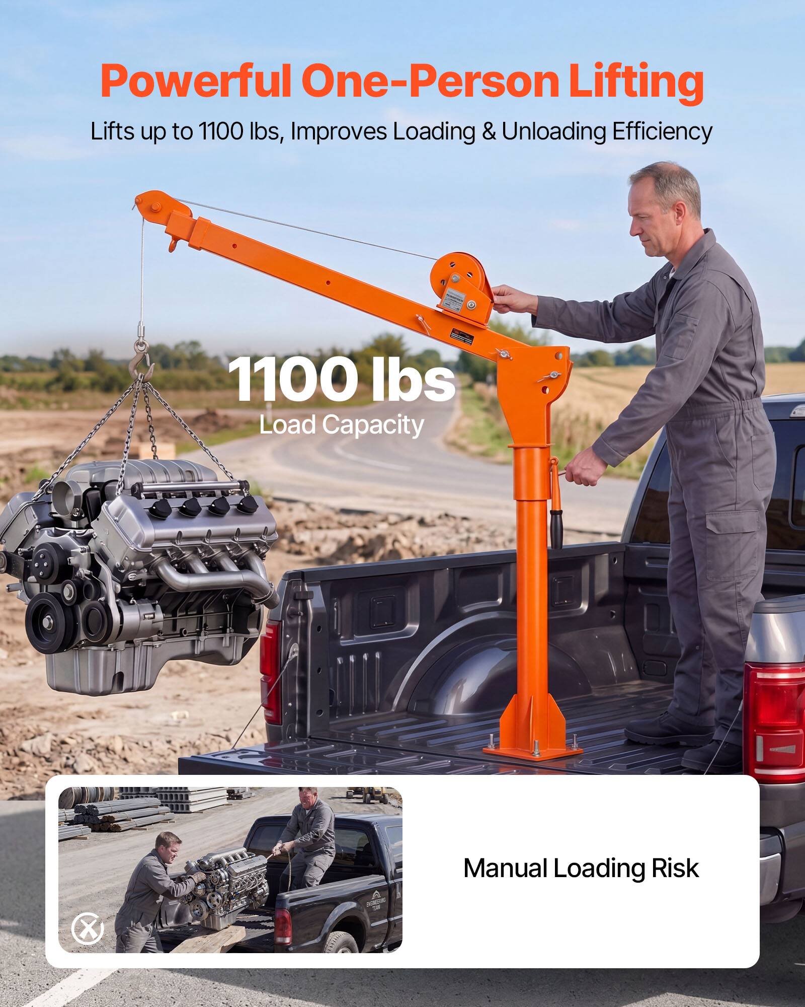 Powerful One-Person Lifting  
Lifts up to 1100 lbs, Improves Loading & Unloading Efficiency  

1100 lbs Load Capacity  

Manual Loading Risk