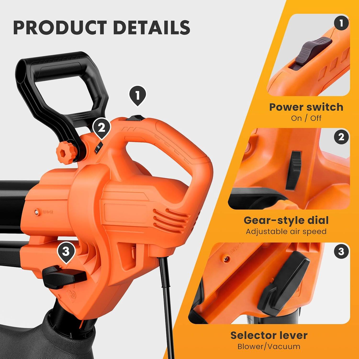PRODUCT DETAILS

1. Power switch On / Off
2. Gear-style dial Adjustable air speed
3. Selector lever Blower/Vacuum