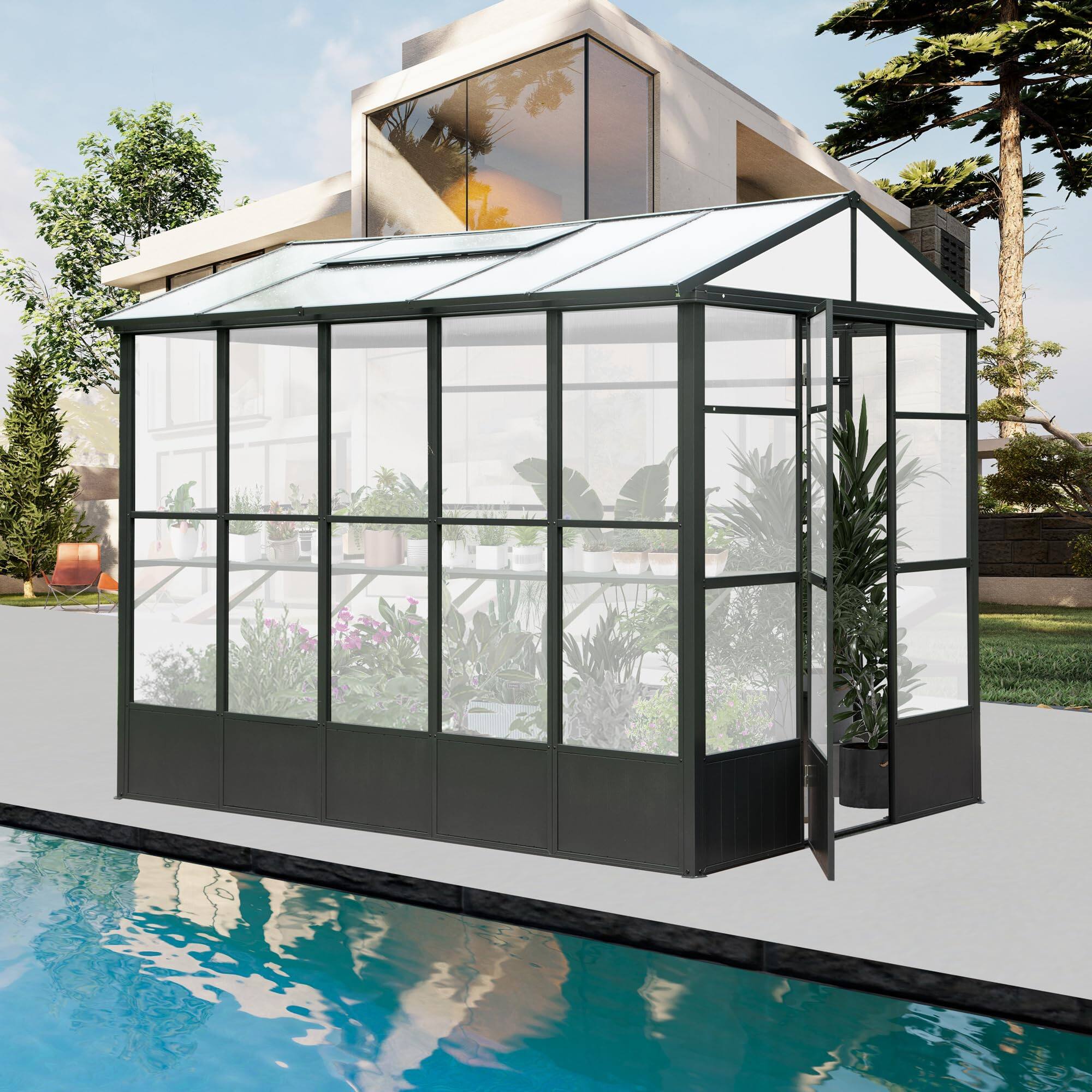 Angle. Mondawe - 7.5x10FT Greenhouse, Polycarbonate with Auto Vent, Aluminum Frame - Dark Gray.