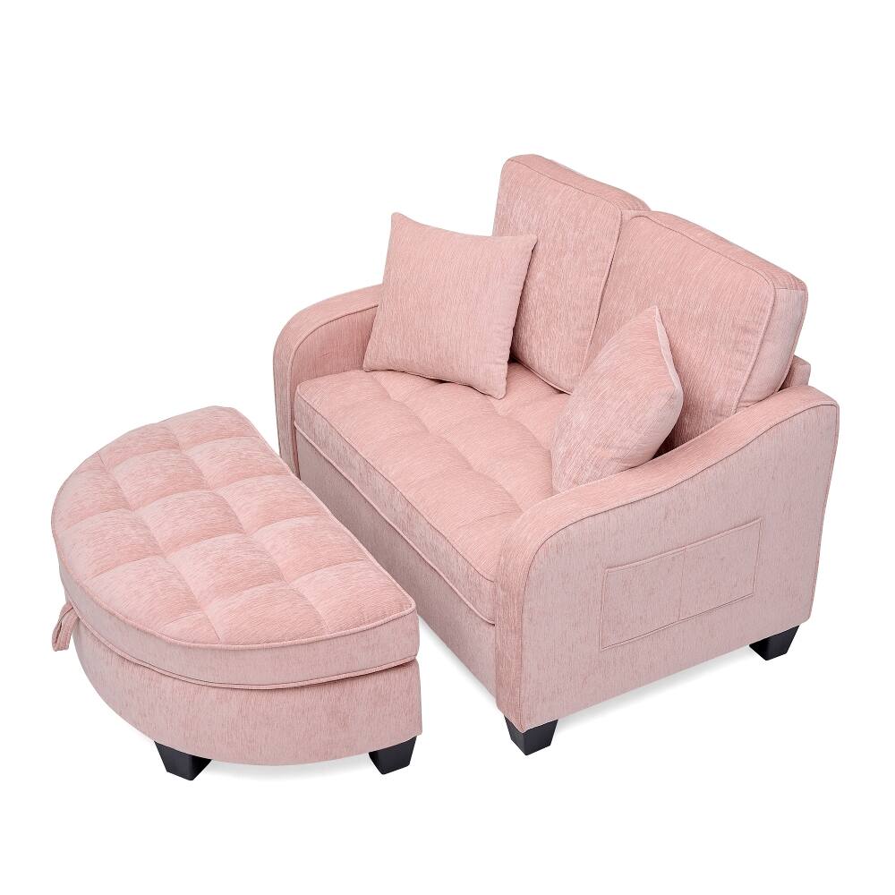 Alt View 8. Loheer - Loheer Pink Two-Seater Sofa Corduroy Double Sofa Chaise Longue with Storage Footrest and Throw Pillows - Pink.