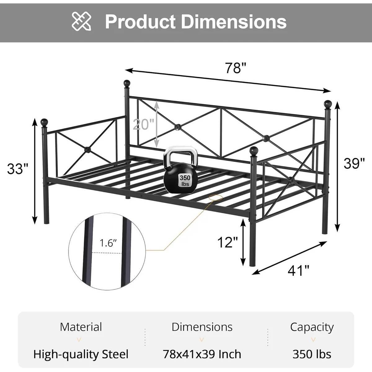 Product Dimensions: 78", 20", 33", 39", 1.6", 12", 41"

Material: High-quality Steel

Dimensions: 78x41x39 Inch

Capacity: 350 lbs