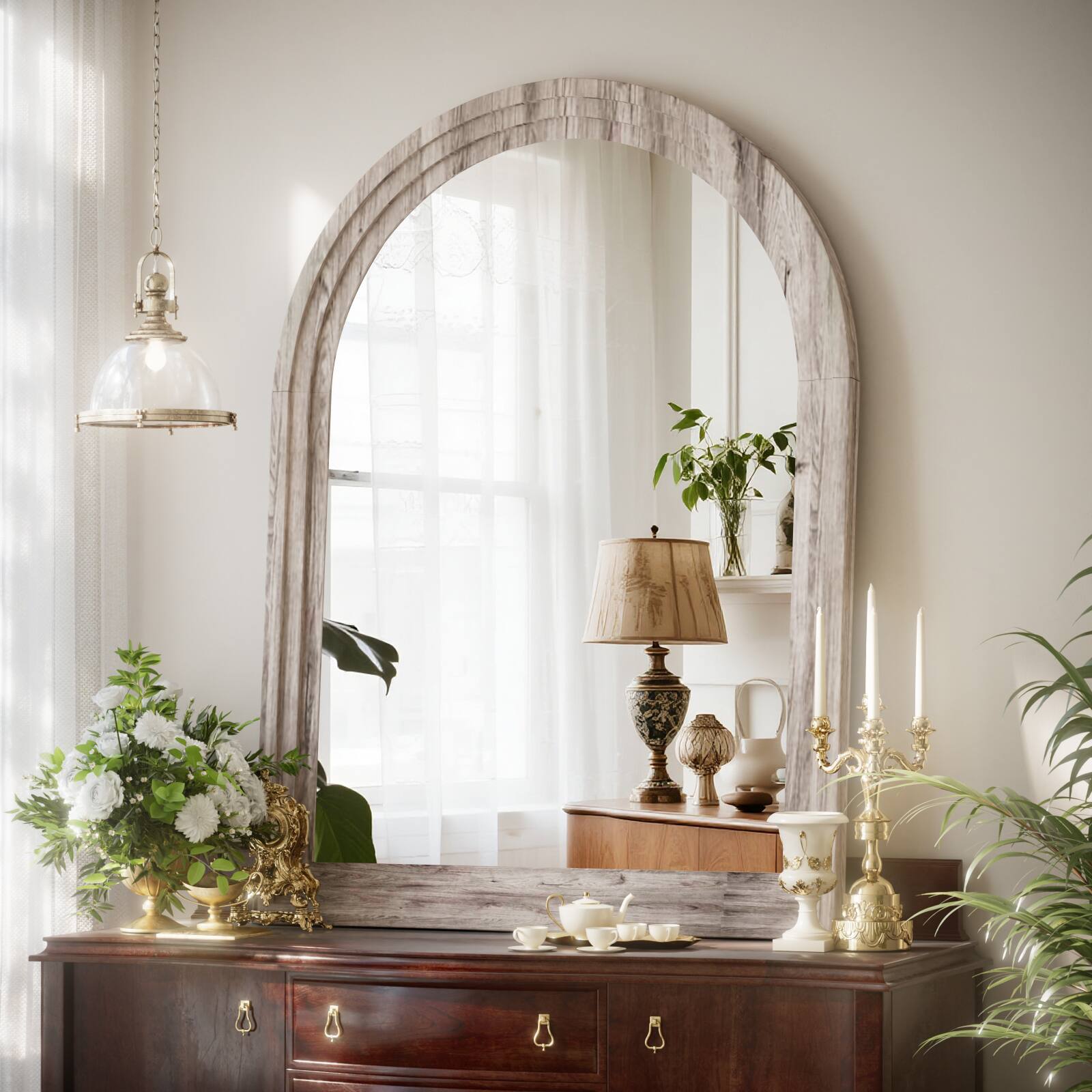 Angle. Easly - Antique White 30 in. W x 40 in. H Arched Wood Frame Vanity Wall Mirror - White.