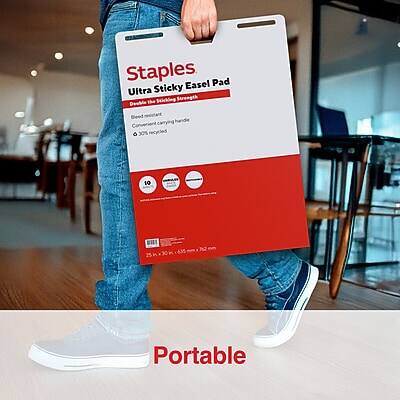 Staples  
Ultra Sticky Easel Pad  
Double the carrying handle  
30% recycled  
10 sheets  
25 sheets  
30 sheets  
635 sheets  
Portable  

23" x 60" x 1/16"  
100 cm x 152 cm x 1.6 mm