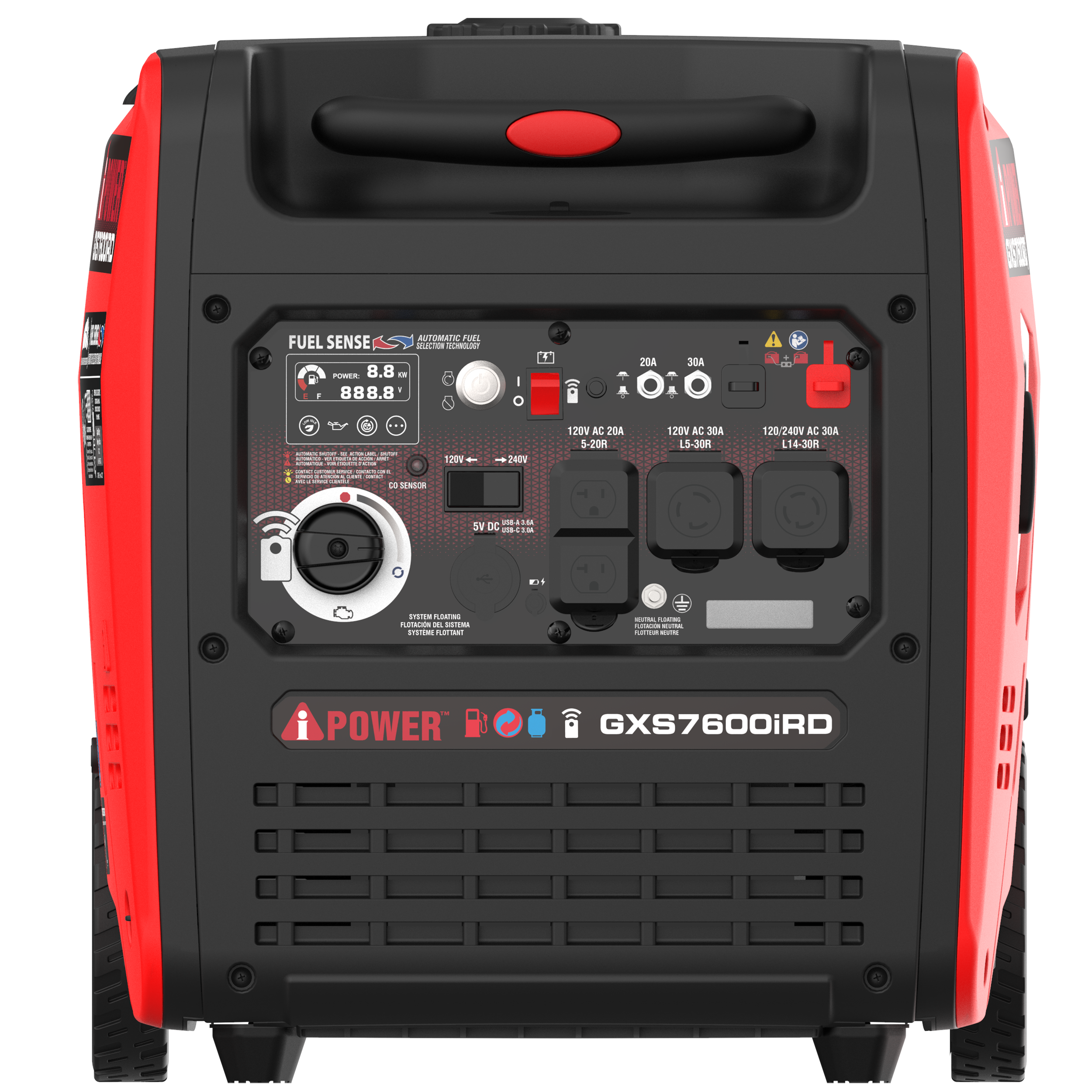 FUEL SENSE  
AUTOMATIC FUEL SELECTION RECOMMENDATION  
POWER 8.8 kW  
888.8 W  

120V AC 20A  
120V AC 30A  
120/240V AC 30A  
L5-30R  
L14-30R  

5V DC USB (2.4A)  

CO SENSOR  

GX7600iRD  

POWER