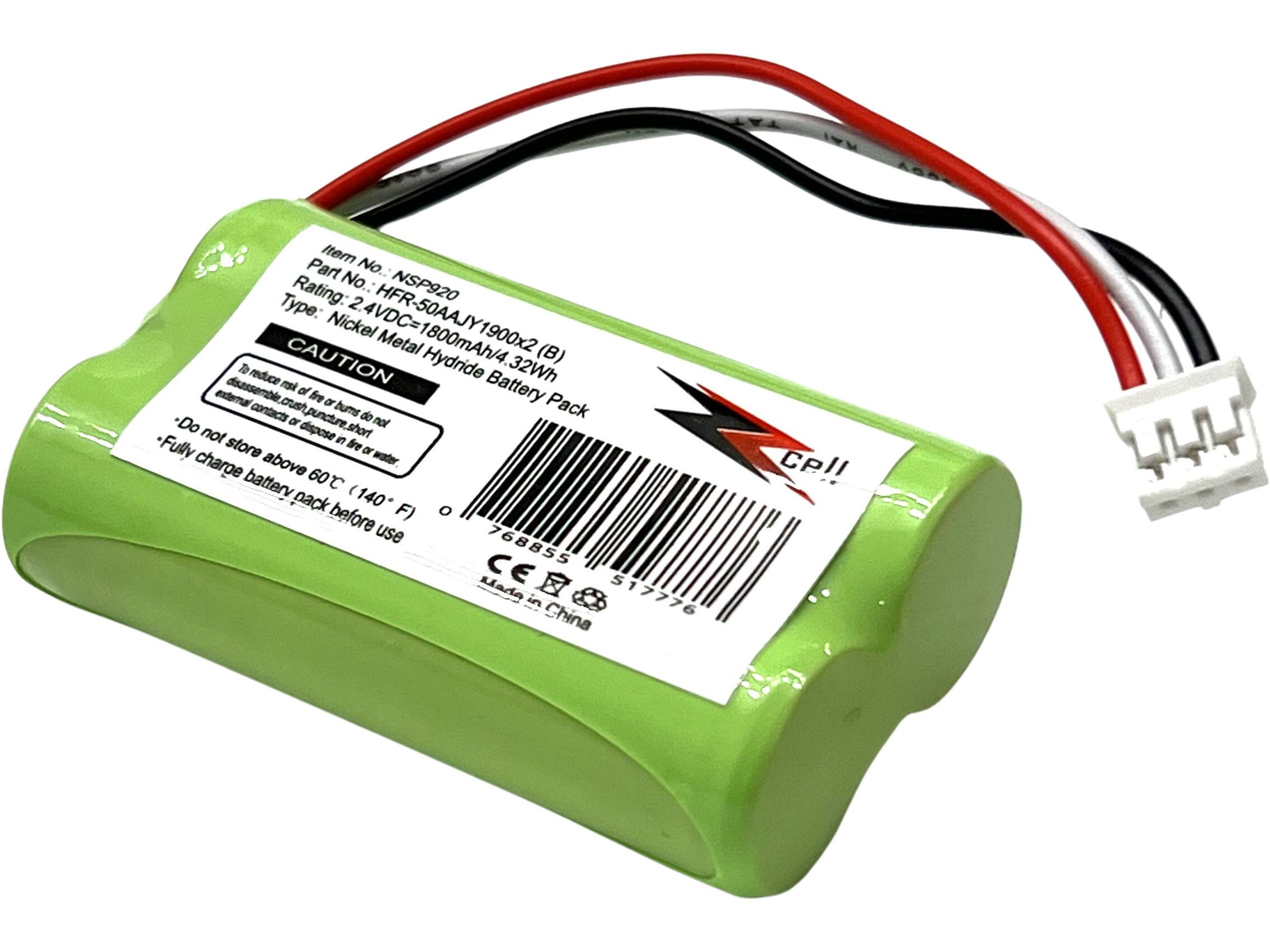 Item Part No.: NSP920  
Rating: 2.4VDC=  
Type: Nickel Metal Hydride Battery Pack  
1800mAh/4.32Wh  
HFR-50AAJY1900x2 (B)  

CAUTION  
To reduce risk of fire or burns do not disassemble, crush, puncture, short circuit, or expose to water. Do not store above 60°C (140°F). Fully charge battery pack before use.  

Made in China  
CE  
768855  
517776