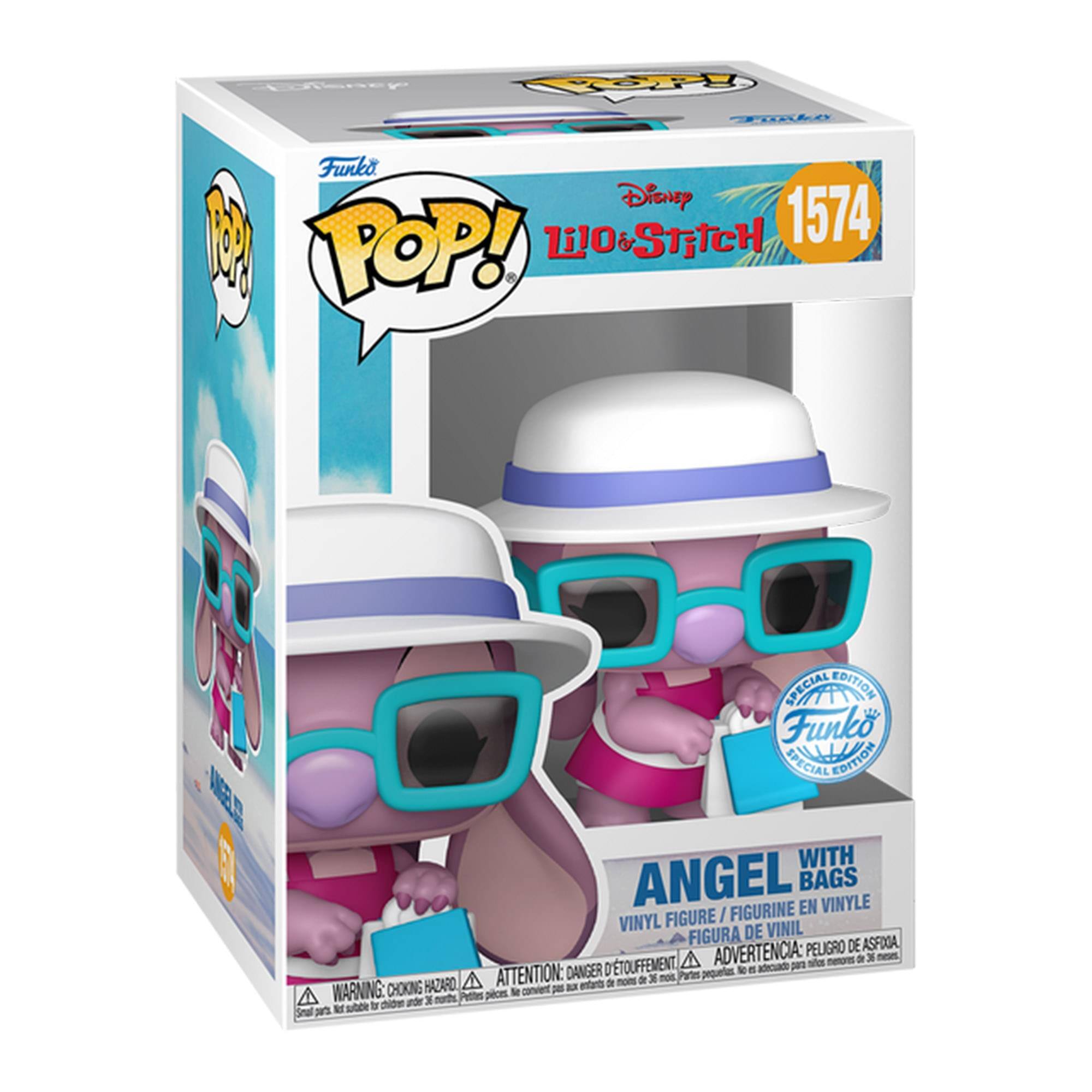 Disney Lilo & Stitch  
1574  

Funko POP!  

Special Edition  
Funko Special Edition  

Angel with Bags  
Vinyl Figure / Figurine en Vinyle / Figura de Vinil  

Warning: Choking Hazard - Small parts. Not for children under 3 years.  
Attention: Danger de suffocation - Petits pièces. Ne convient pas aux enfants de moins de 3 ans.  
Advertencia: Peligro de asfixia - Piezas pequeñas. No es adecuado para niños menores de 3 años.