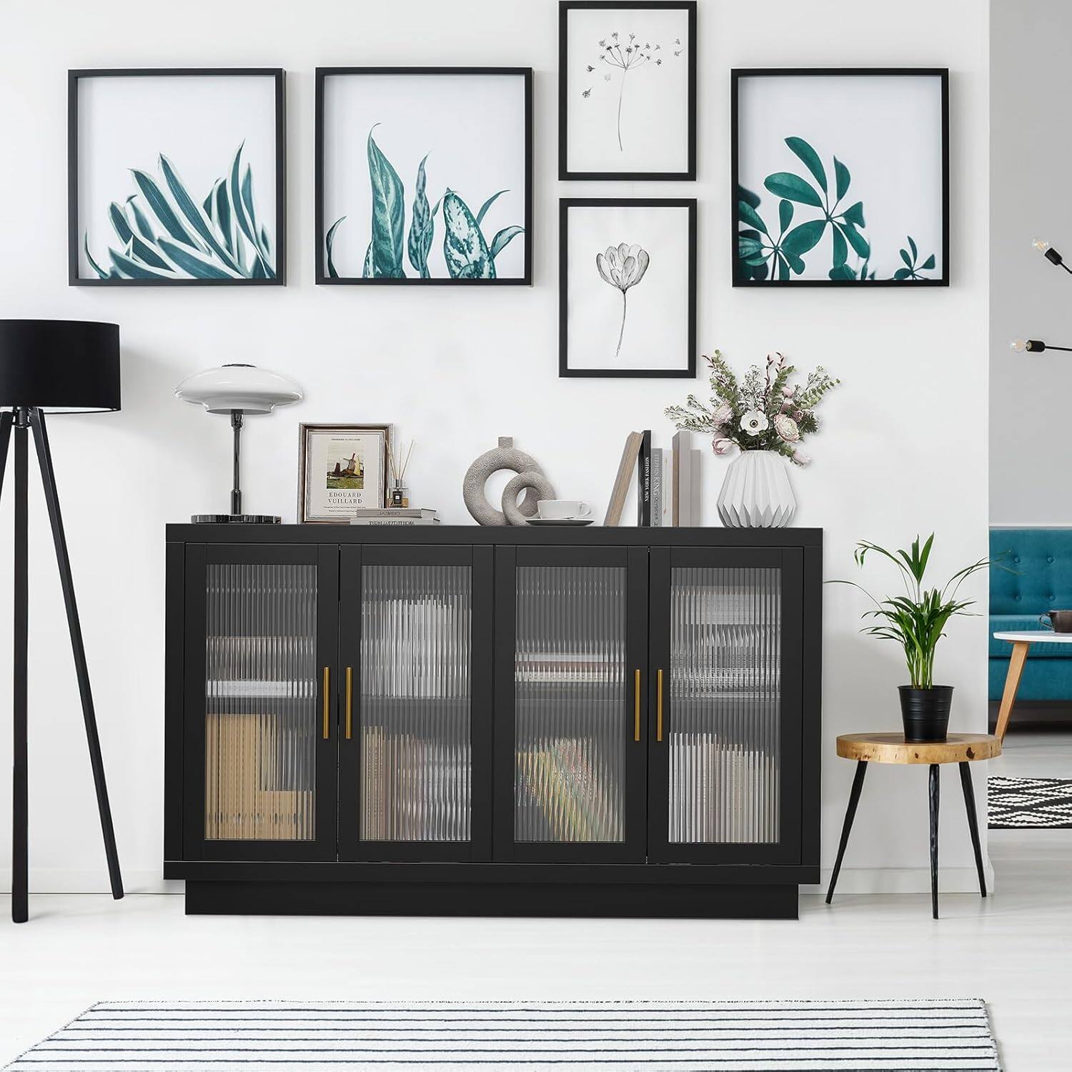 Alt View 6. GARVEE - 55.1in Sideboard Buffet Cabinet with Storage, Large Sideboard Kitchen Cabinet with Doors and Adjustable Shelves - Black.