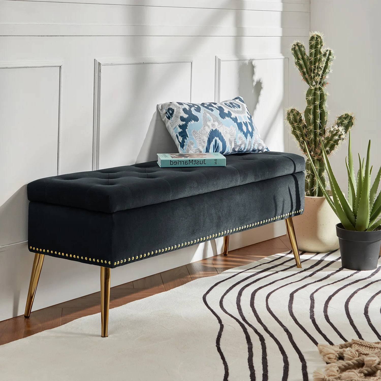 Left. Hivvago - Mid-Century Modern End of Bed Storage Bench with Velvet Seat and Legs - black.