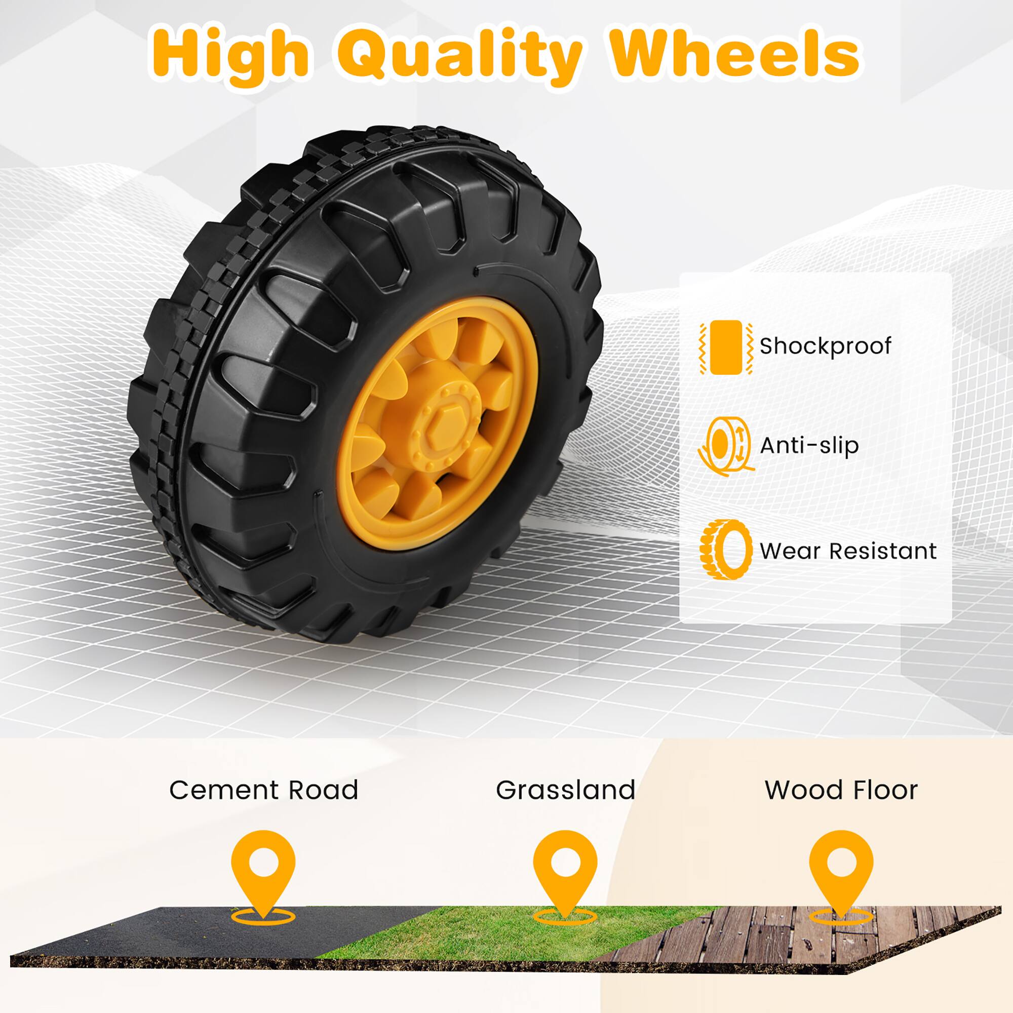 High Quality Wheels

- Shockproof
- Anti-slip
- Wear Resistant

Cement Road  
Grassland  
Wood Floor