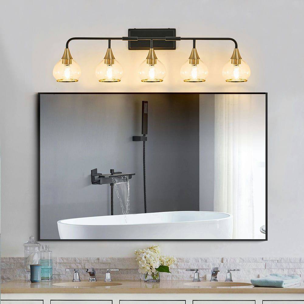 Alt View 7. Kadyn - 40" Modern 5-Light Vanity Wall Sconce - Black and Gold Bathroom Light Fixture with Clear Glass Shades, Black Gold - Gold.