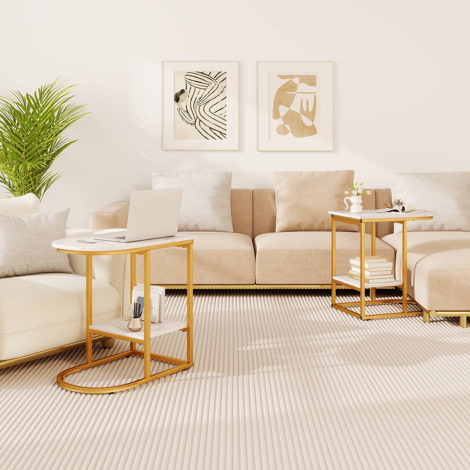 Alt View 3. Gymax - Gymax 2PCS C-Shaped Side Table Compact 2-tier Storage End Table for Small Space White - White.