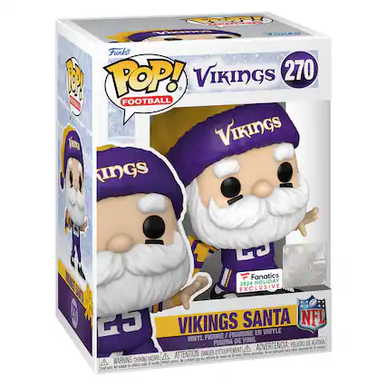 The text on the image is:
"TOP Vine TALI Le ada Funko VIKINGS 270 1 POP! FOOTBALL 11g VIKINGS INGs E Fanatics HOLIDAY NFL 2024 EXCLUSIVE VIKINGS SANTA NFL FIGURINE EN VINYLE VINYL FIGURE / FIGURA DE VINIL ASFIXIA ADVERTENCIA: PELIGRO DE ASFIXIA A menores de 26 neses D'TOUFFEMENT adecuado para mirlos DANGER pequerias e HAZARD A ATTENTION: - entants de moins de 36 nos Partes A WARNING: CHOKING Pettes pices De convient [ chider under 36 morths suitable A Smal p"
Corrected and grouped text:
"TOP Vine TALI Le ada Funko VIKINGS 270 1 POP! FOOTBALL 11g VIKINGS INGs E Fanatics HOLIDAY NFL 2024 EXCLUSIVE VIKINGS SANTA NFL FIGURINE EN VINYLE VINYL FIGURE / FIGURA DE VINIL ASFIXIA ADVERTENCIA: PELIGRO DE ASFIXIA A menores de 26 años. D'TOUFFEMENT adecuado para niños DANGER: SMALL PARTS. ATTENTION: - enfants de moins de 36 mois. WARNING: CHOKING HAZARD - small parts. Not suitable for children under 36 months."