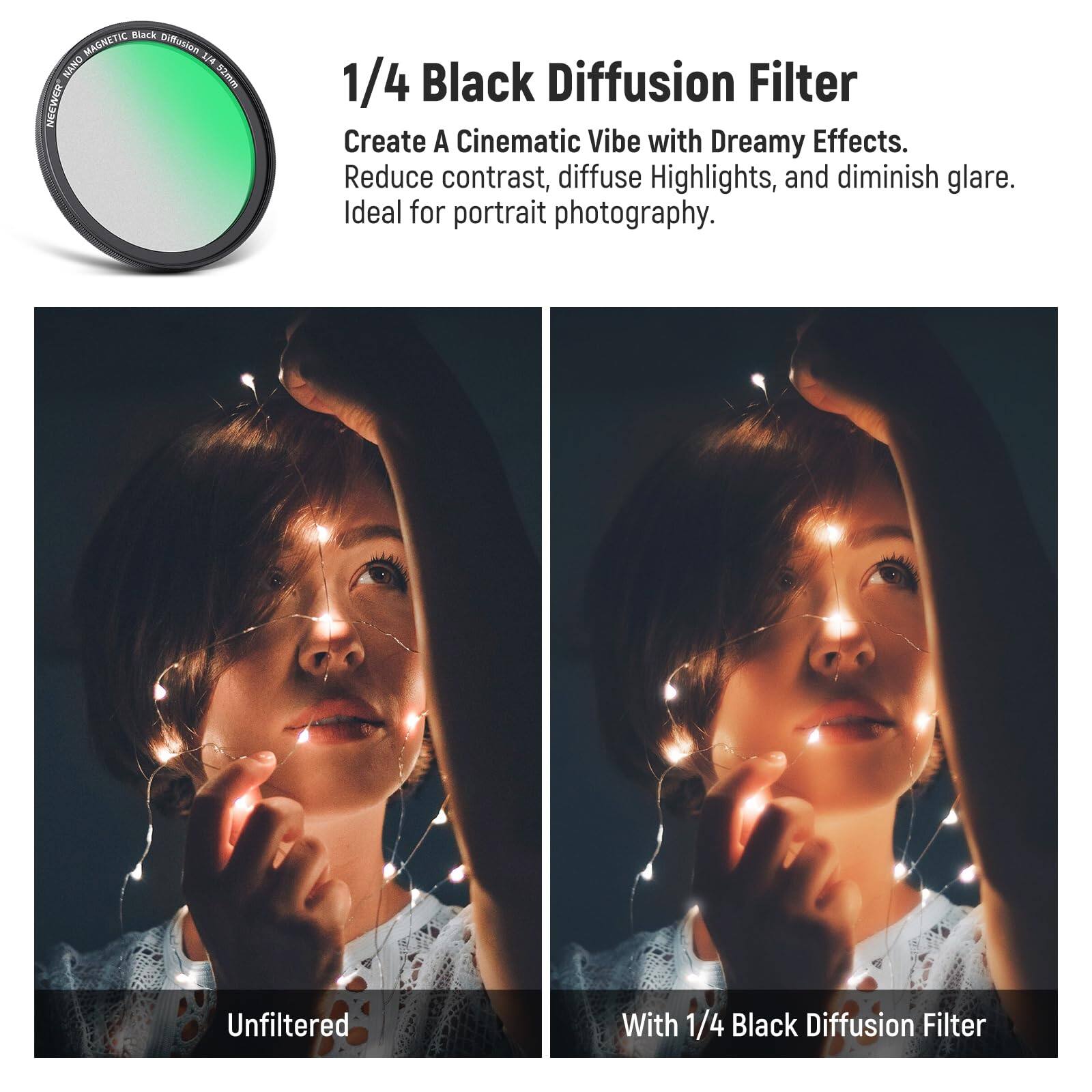 1/4 Black Diffusion Filter

Create A Cinematic Vibe with Dreamy Effects. Reduce contrast, diffuse Highlights, and diminish glare. Ideal for portrait photography.

Unfiltered

With 1/4 Black Diffusion Filter