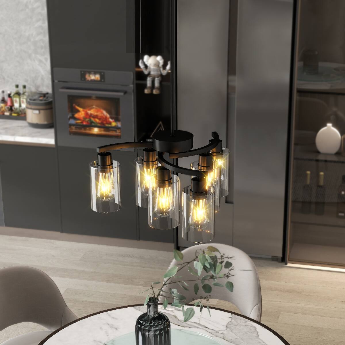 Back. Loheer - Loheer 6-Light Black Chandelier with Clear Glass Shades, Adjustable Dining Room Light Fixture.