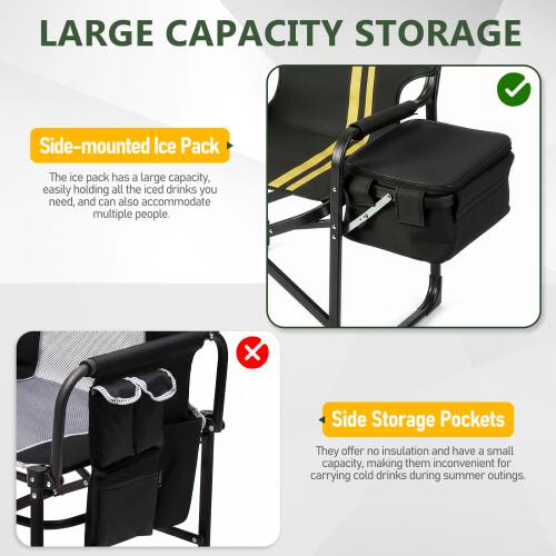 LARGE CAPACITY STORAGE

Side-mounted Ice Pack
The ice pack has a large capacity, easily holding all the iced drinks you need, and can also accommodate multiple people.

Side Storage Pockets
They offer no insulation and have a small capacity, making them inconvenient for carrying cold drinks during summer outings.