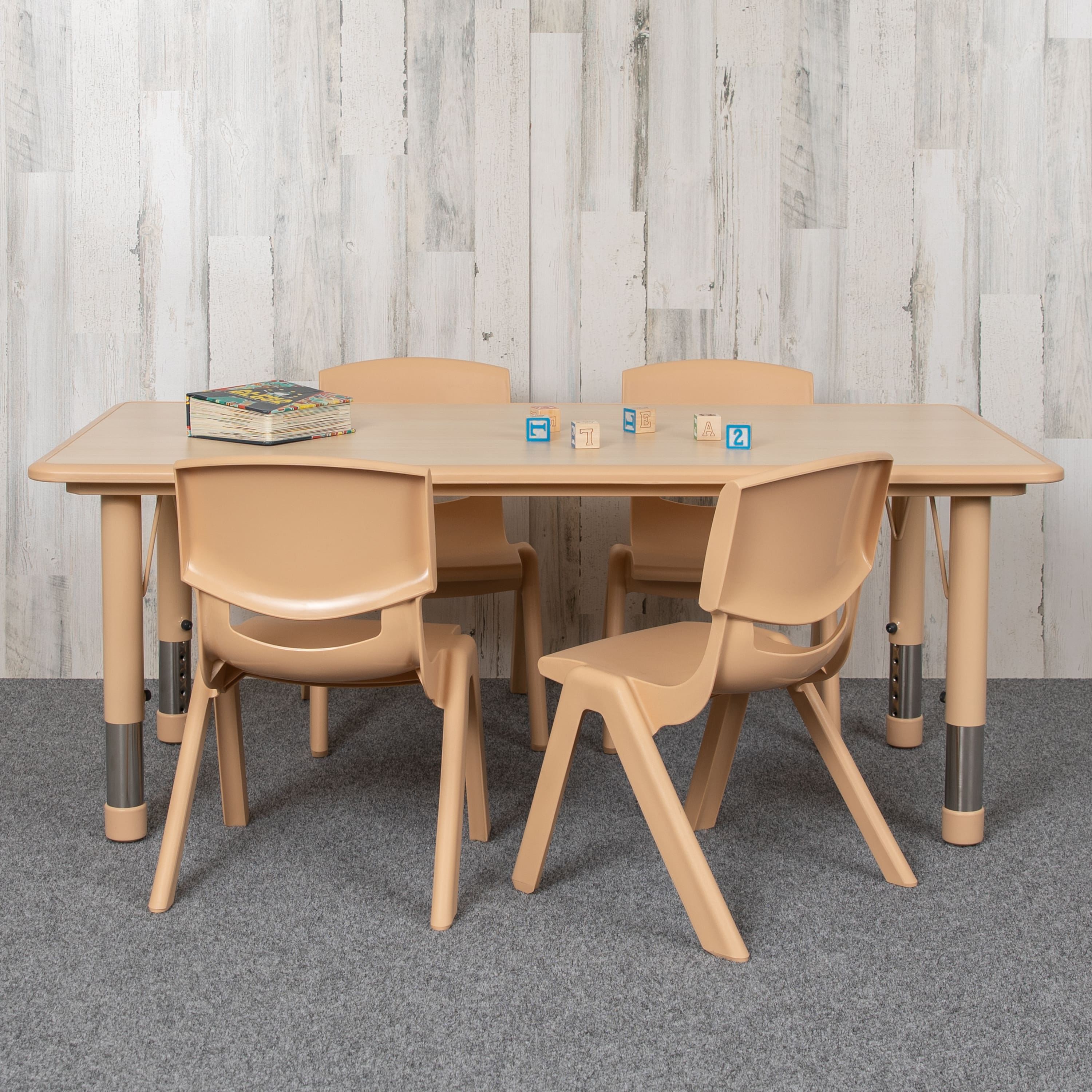 "Emma + Oliver - 23.625""W x 47.25""L Rectangular Plastic Height Adjustable Activity Table Set with 4 Chairs - Natural" price history on PriceWatchPro