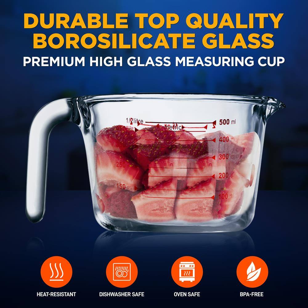 DURABLE TOP QUALITY BOROSILICATE GLASS PREMIUM HIGH GLASS MEASURING CUP

1/2 litre 8 detric 500 ml 400 3 250 150 300 200 100 + ?

HEAT-RESISTANT DISHWASHER SAFE OVEN SAFE BPA-FREE