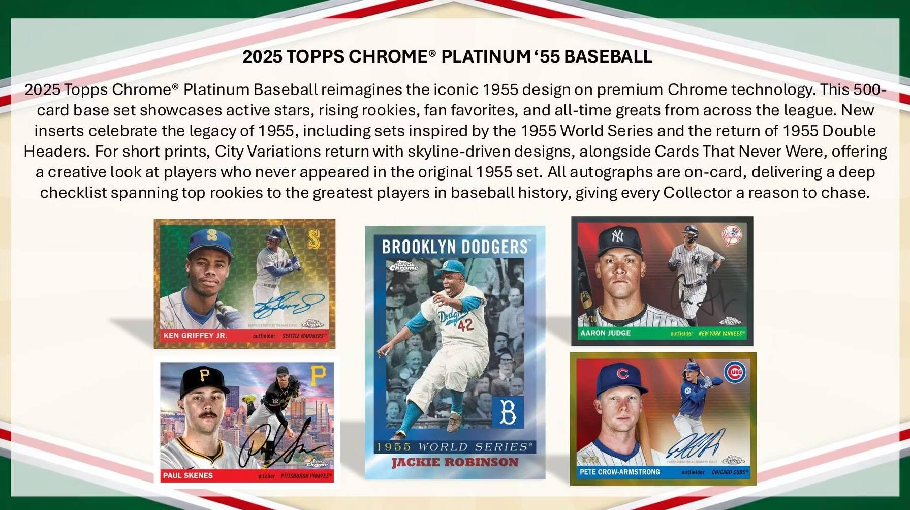 2025 TOPPS CHROME PLATINUM '55 BASEBALL

2025 Topps Chrome Platinum Baseball reimagines the iconic 1955 design on premium Chrome technology. This 500-card base set showcases active stars, rising rookies, fan favorites, and all-time greats from across the league. New inserts celebrate the legacy of 1955, including sets inspired by the 1955 World Series and the return of 1955 Double Headers. For short prints, City Variations return with skyline-driven designs, alongside Cards That Never Were, offering a creative look at players who never appeared in the original 1955 set. All autographs are on-card, delivering a deep checklist spanning top rookies to the greatest players in baseball history, giving every Collector a reason to chase.

- KEN GRIFFEY JR. (SS, BROOKLYN DODGERS)
- AARON JUDGE (OF, NEW YORK YANKEES)
- PAUL SKENES (P, PITTSBURGH PIRATES)
- JACKIE ROBINSON (1955 WORLD SERIES)

