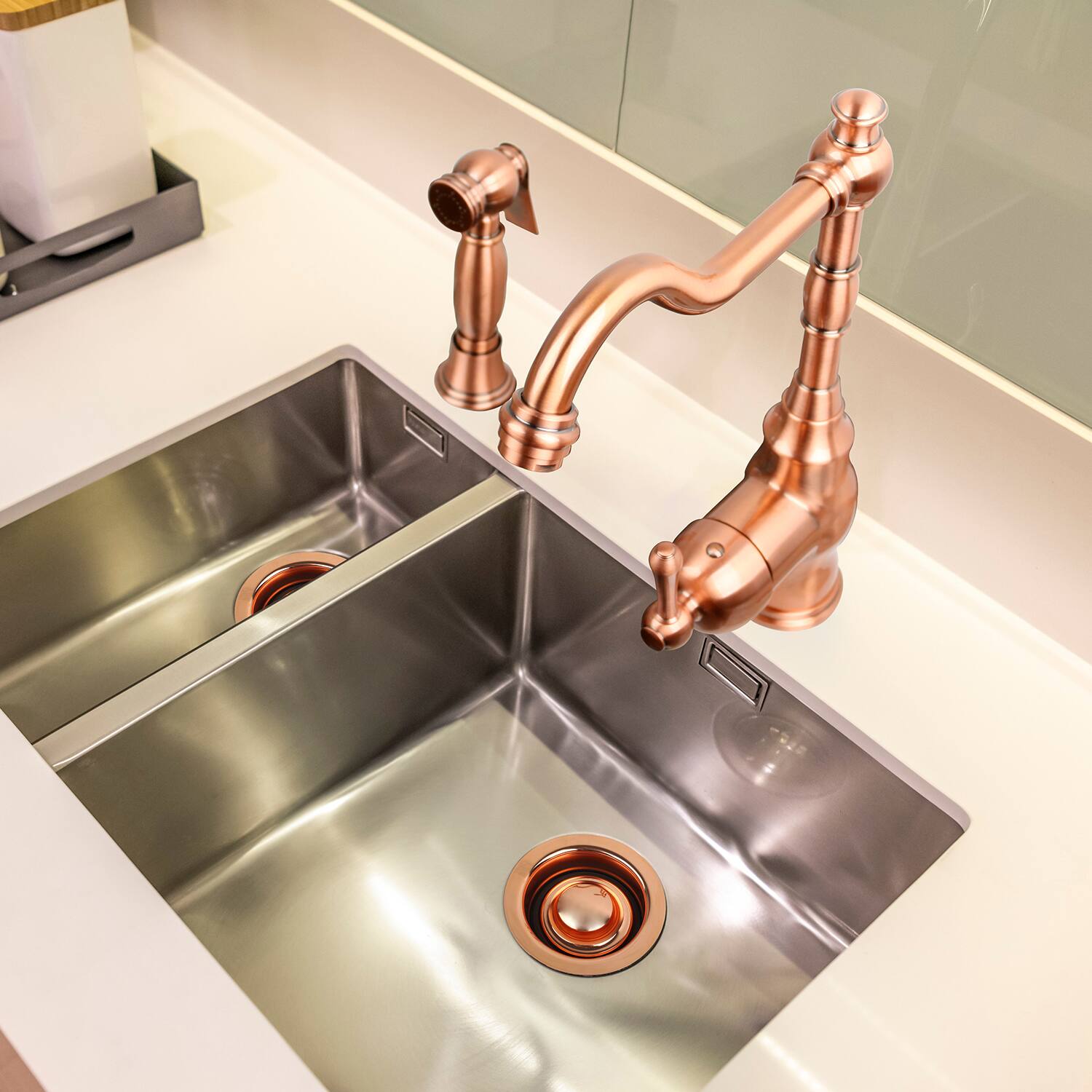 Alt View 4. Akicon - Akicon Solid Brass One-Handle 360° Swivel Widespread Kitchen Faucet with Side Spray in Copper - Copper.