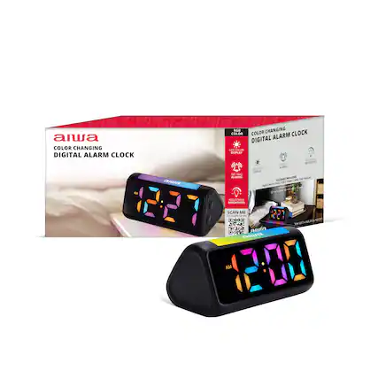 aiwa COLOR CHANGING DIGITAL ALARM CLOCK AM
aiwa
COLOR RGB COLOR CHANGING CLOCK DIGITAL ALARM LED COLOR DISPLAY BRIGHTNESS ADJUSTABLE SET TWO ALARMS DISPLAY SET TWO ALARMS INCLUDES Manual PACKAGE Cable
ADJUSTABLE BRIGHTNESS SCAN ME TO LEARN MORE
aiwa
Sor
NELES 3287