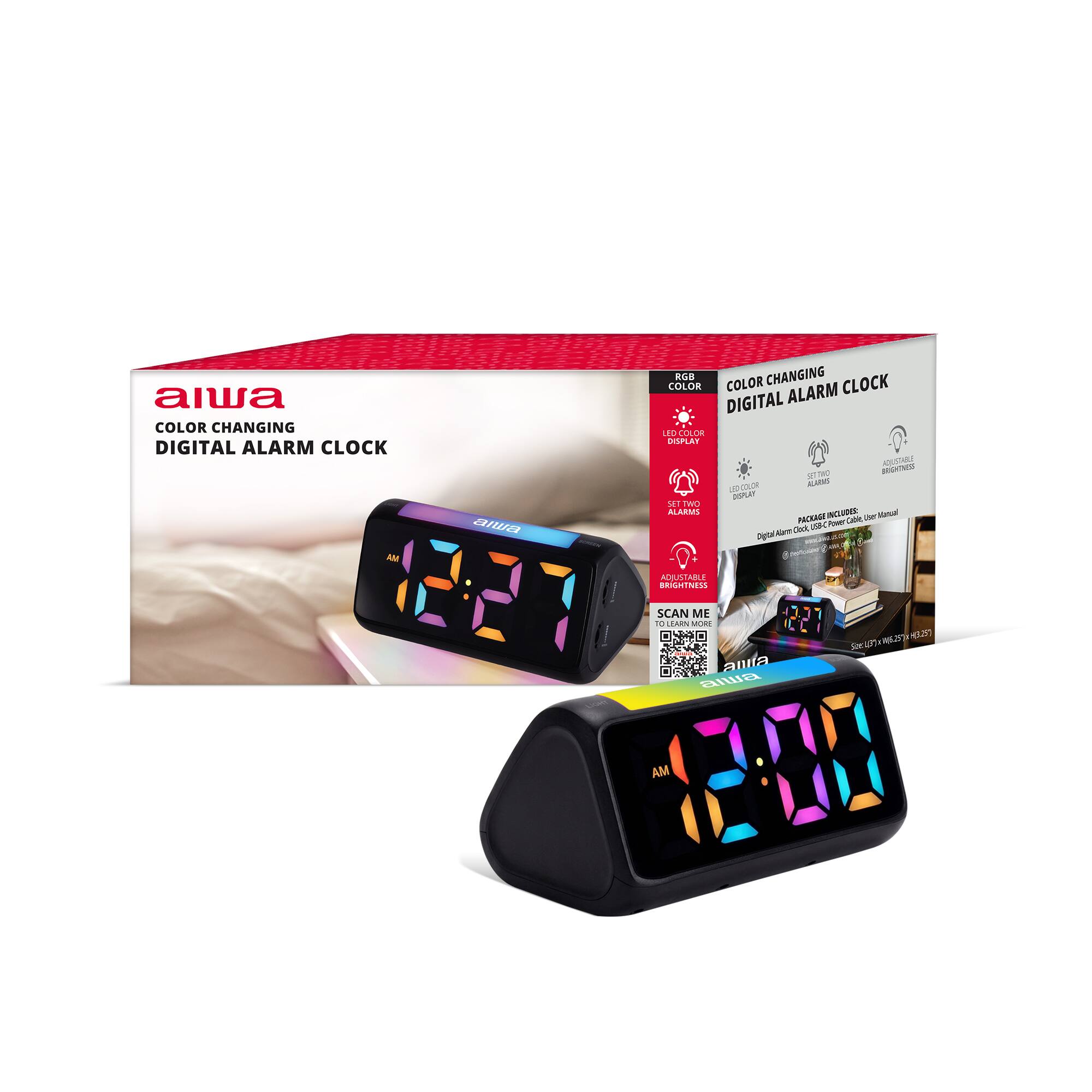 Aiwa - Color-Changing Digital Alarm Clock with 2-Inch LED Display, Dual Alarms, USB Charging Port & Night Light - Black