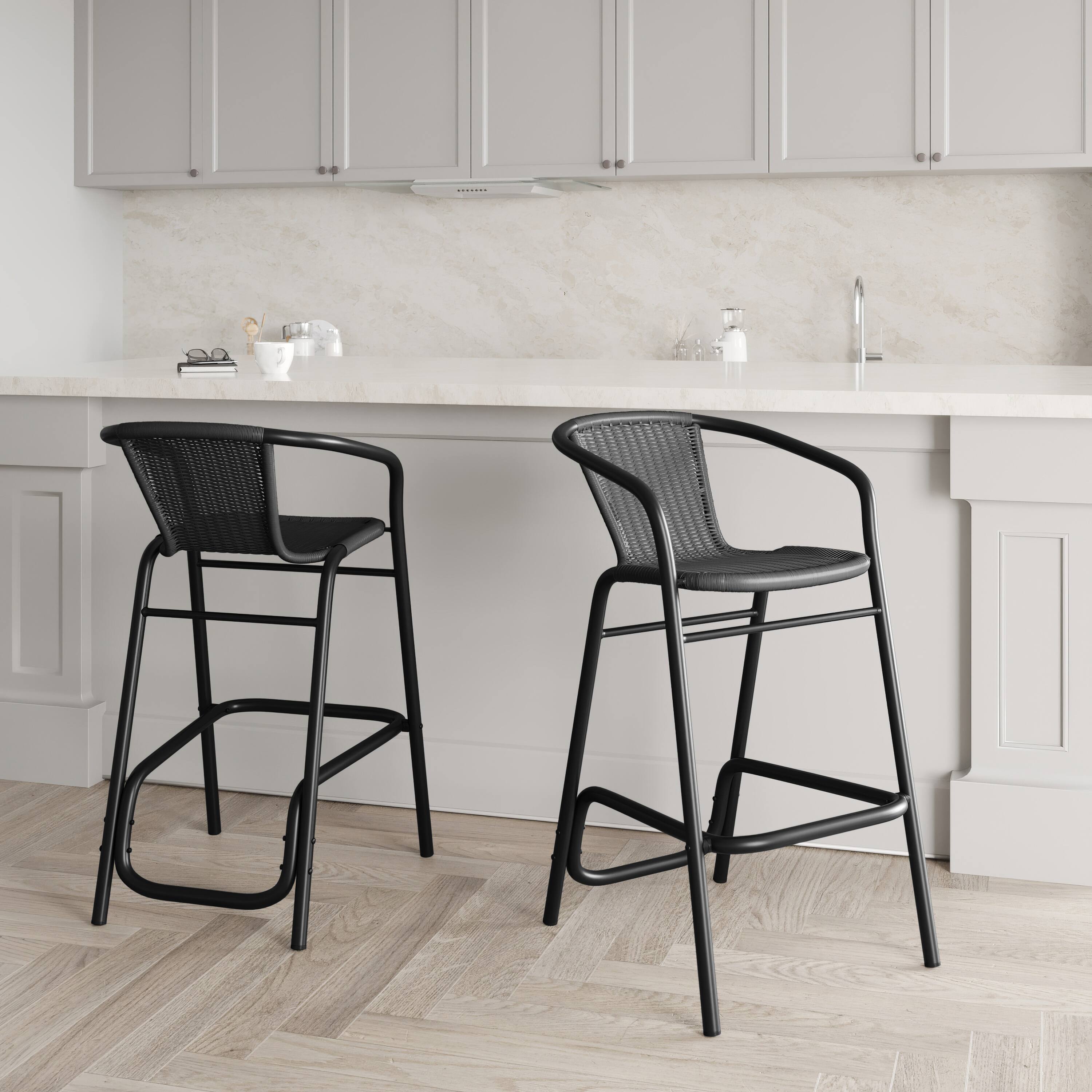 Alt View 2. Emma + Oliver - Colmar Set of Four Indoor/Outdoor Stacking Thonet Bistro Style Chairs with PE Rattan Seat and Metal Frame - Black & White/Black Frame.
