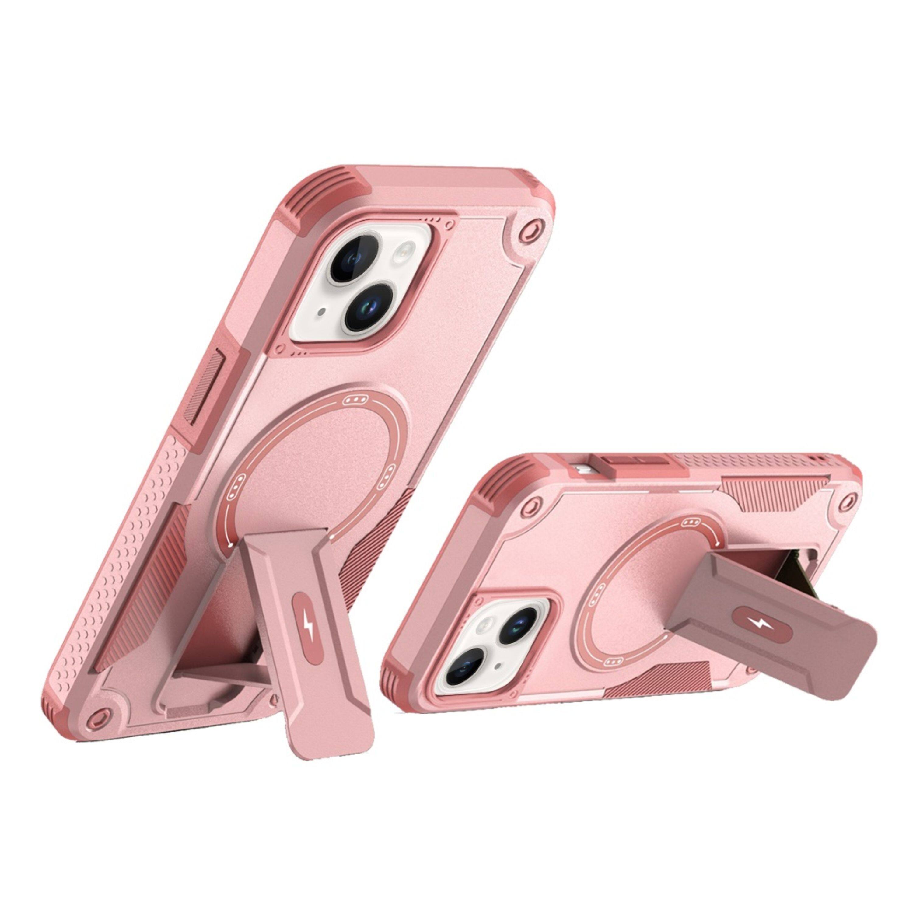 Back. Kitcheniva - Magnetic Circle Rugged Grip Kickstand Phone Case With 2 Pcs Tempered Glass For iPhone 15 Plus Pink - Pink.