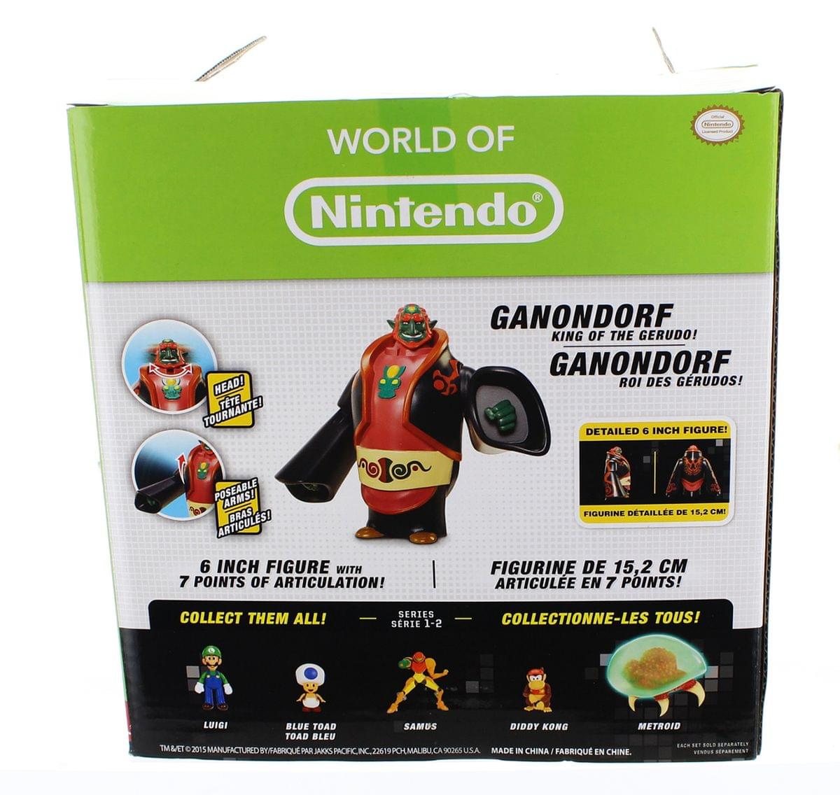**WORLD OF NINTENDO**

**GANONDORF**  
KING OF THE GERUDO!  
GANONDORF ROI DES GERUDOS!

**DETAILLED 6 INCH FIGURE!**  
FIGURINE DÉTAILLÉE DE 15,2 CM!

**6 INCH FIGURE WITH 7 POINTS OF ARTICULATION!**  
FIGURINE DE 15,2 CM ARTICULÉE EN 7 POINTS!

**HEAD! TETE TOURNANTE!**  
**POSEABLE ARMS! ARTICULES!**

**COLLECT THEM ALL!**  
SERIE 1-2  
COLLECTIONNE-LES TOUS!

- LUIGI
- BLUE TOAD
- SAMOS
- DIDDY KONG
- METROID

**MADE IN CHINA**  
FABRIQUÉ EN CHINE

**MANUFACTURED BY JAKKS PACIFIC INC.**  
235 PCH MAUIBU, USA

**TM & © 2015**