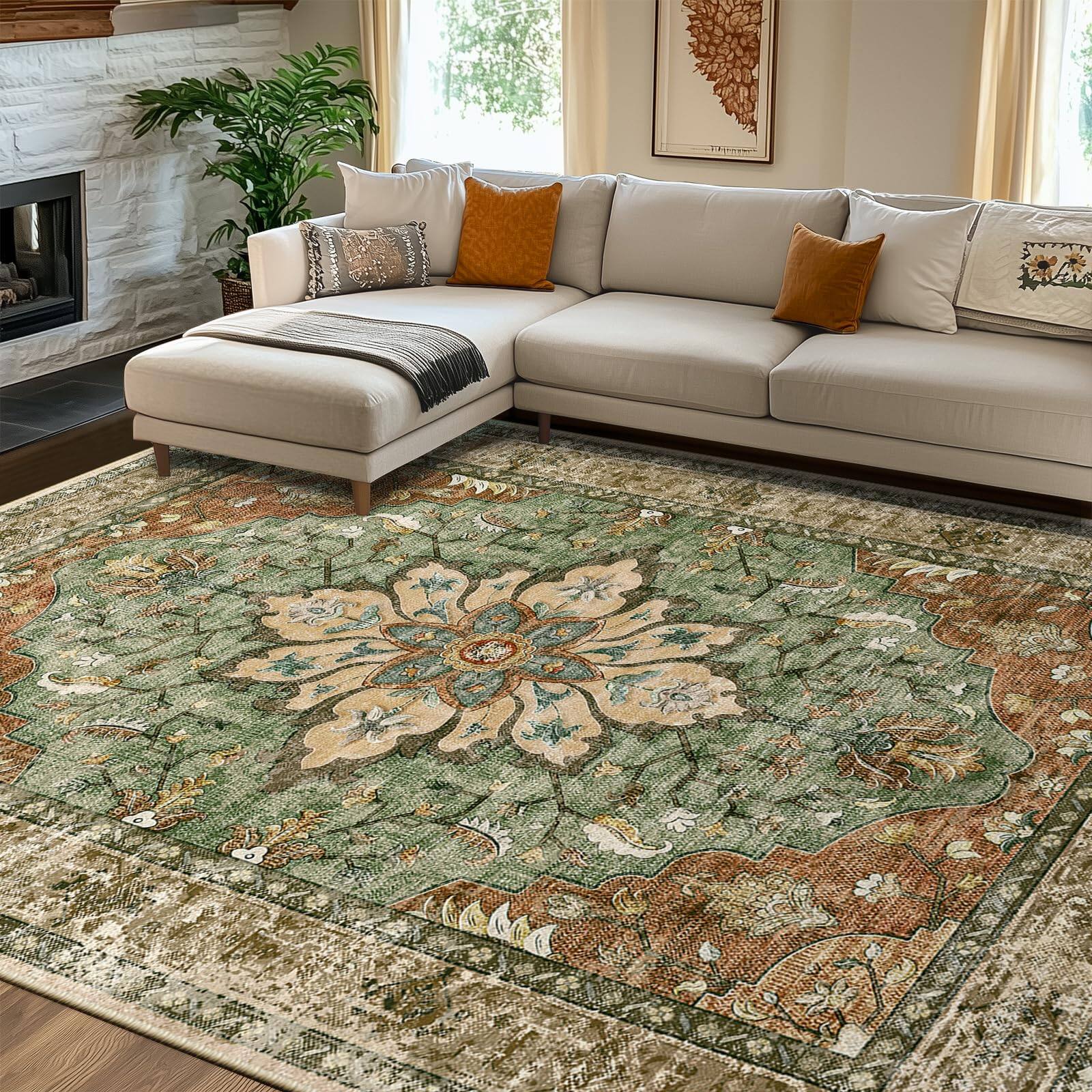 Left. PARKER SLATER - Area Rugs X10 Washable Non Slip Floral Vintage Distress Print Pattern Medallion Carpet Living Room Bedroom Dining Bri... - Pink.